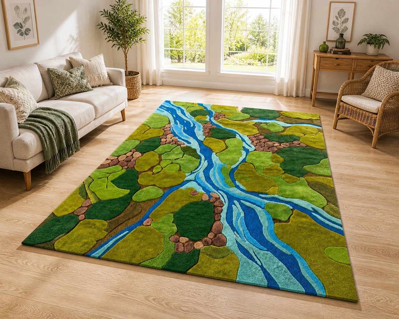 Hand tufted wool rug 8×10 9×12 new zealand wool rug – 3d Green Forest Koi River