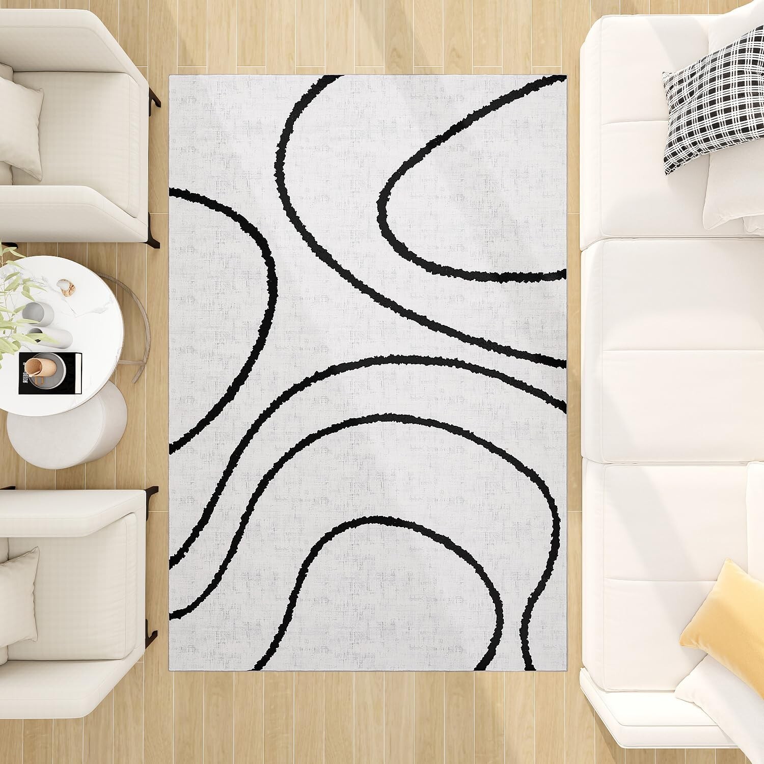YIHOUSE Modern Abstract Area Rug, Black and White Rug, Thin Wave Minimalist S…