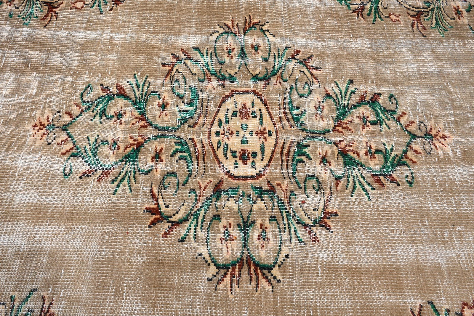 Turkish Vintage Rug, 6,2×9 ft Rug, Brown Green Bordered Wool Rug