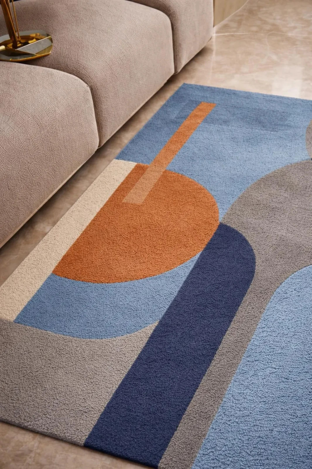 Handmade Wool Tufted Rug, Abstract Geometric Blue Beige Minimalist Area Carpet