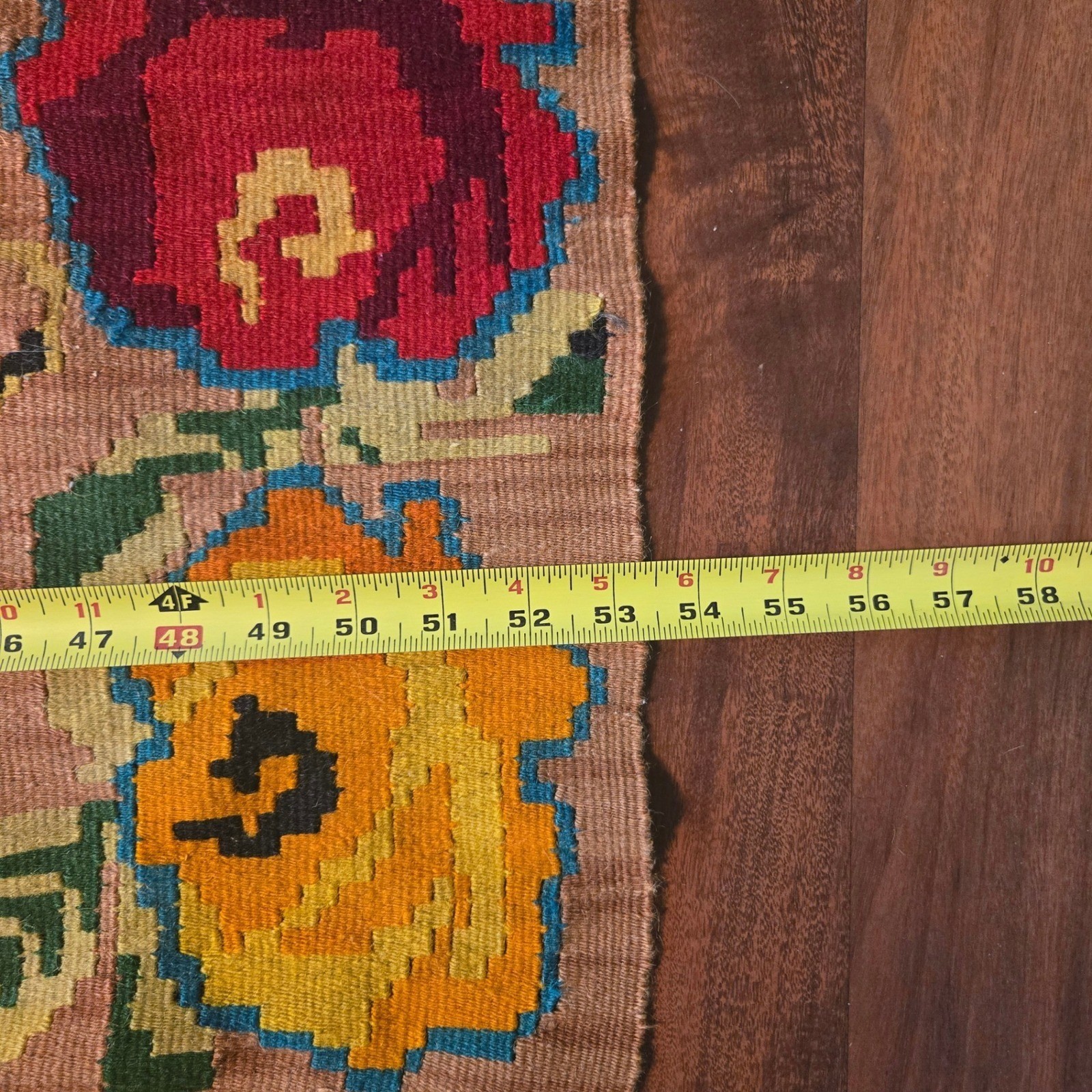 Vintage Handwoven Kilim Rug Floral Medallion Turquoise Tan Boho Flatweave Fringe