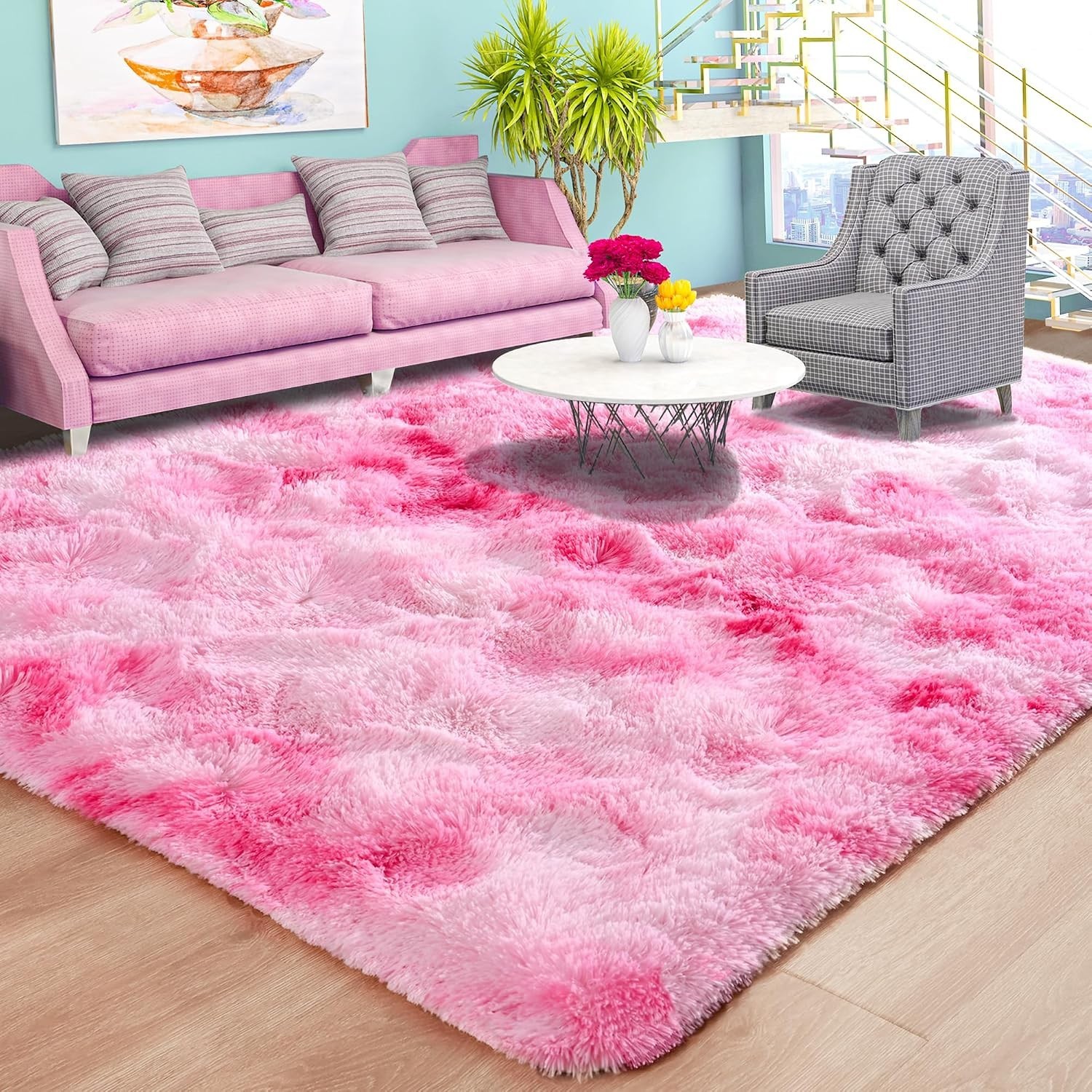 Luxurious 5×8 Feet Fluffy Shaggy Pink Area Rug for Kids & Living Room Decor