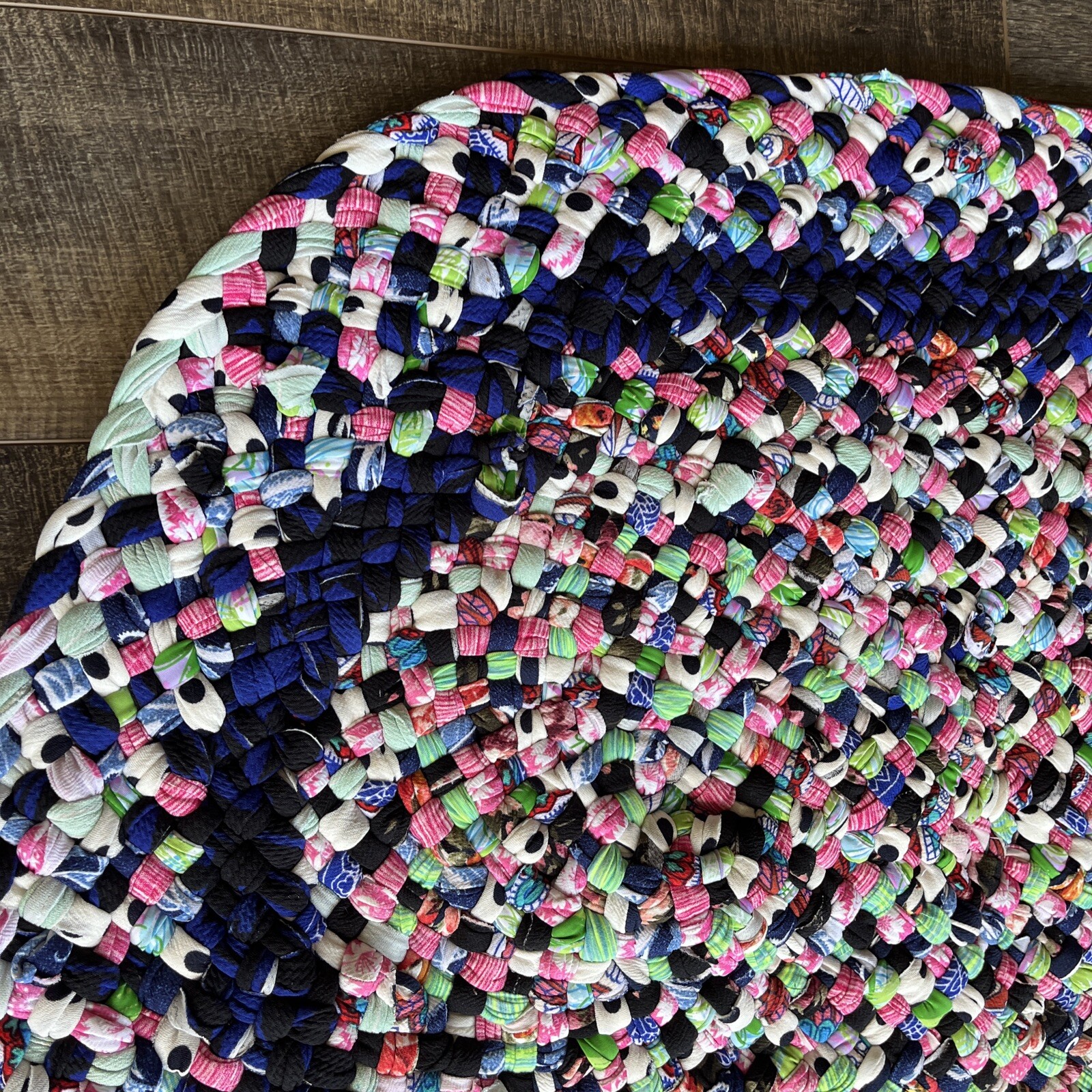 Homemade Braided Rug, Made With Knit, Washable, Blue/White/Pink, 40”L x 29”W NEW