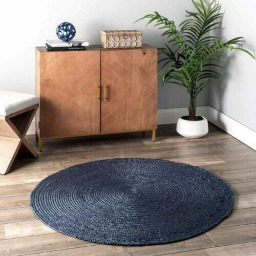 Round Rug Natural Reversible 100% Jute Braided Blue Modern Rustic Look Area Rugs