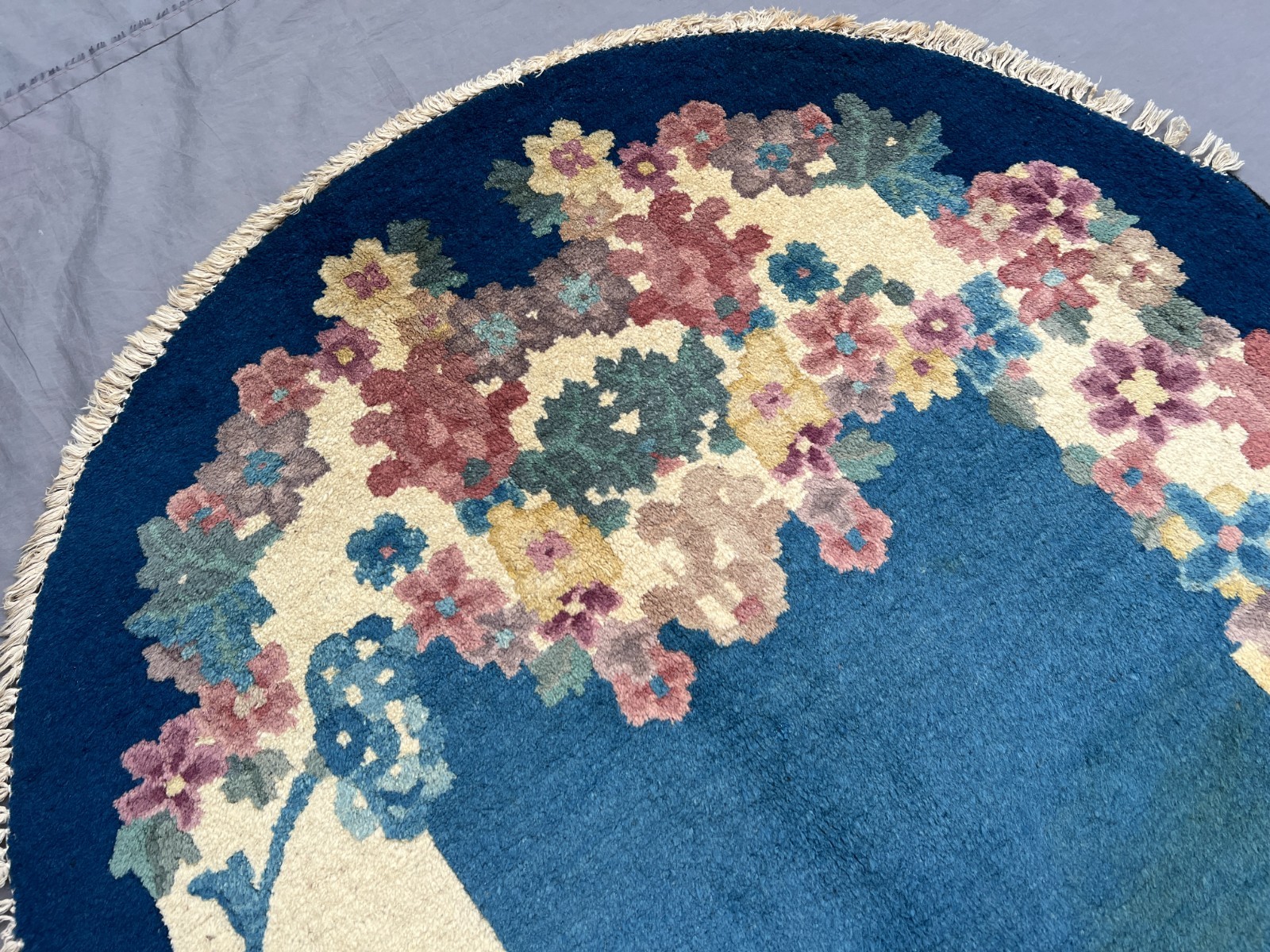 Blue Oval Floral Rug 3×4.10 Vintage Hand Knotted Wool Garland Luxury Carpet
