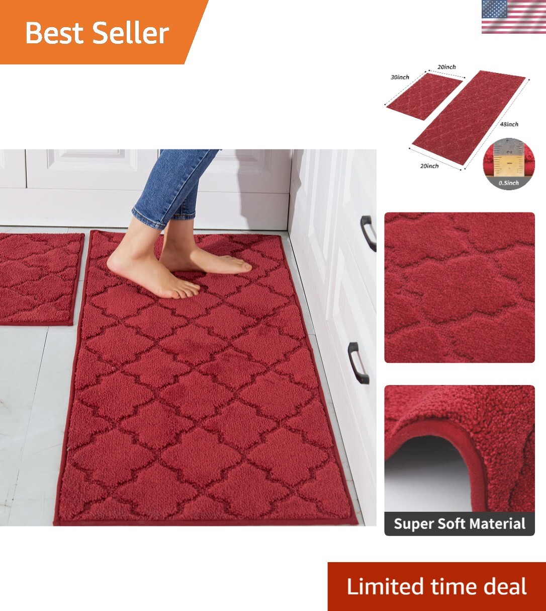 Stylish Non-Slip Kitchen Mats Set [20×30 & 20×48] – Machine Washable & Red