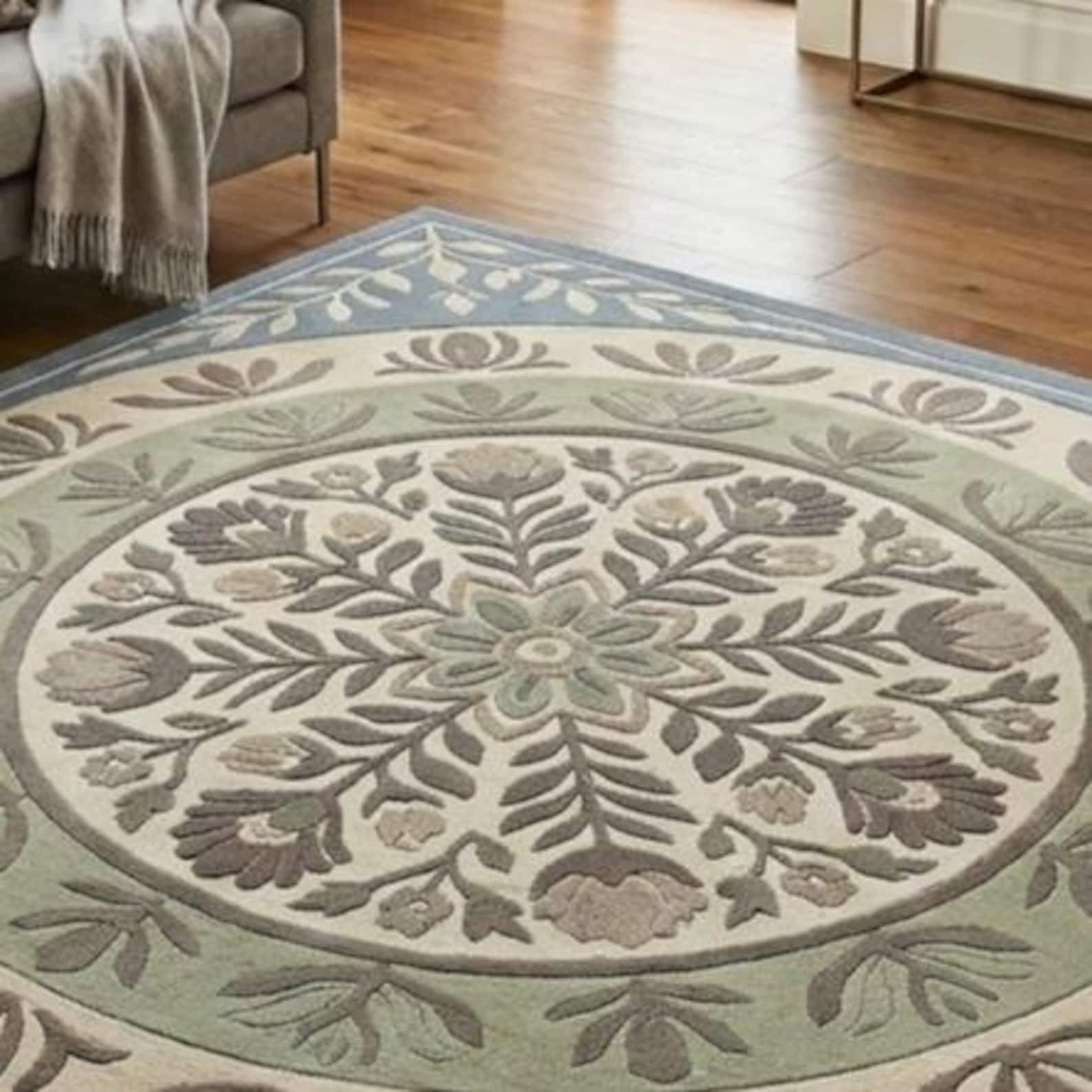 Hand-Tufted Floral Medallion Rug – Blue & Sage Green Wool Area Rug Hand made Rug