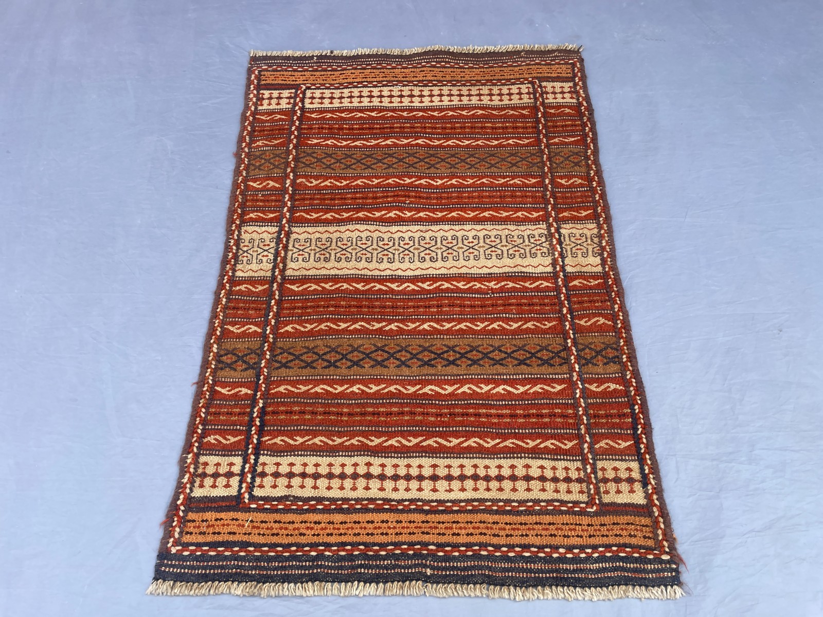 2×3 Handwoven Afghan Kilim Rug Tribal Wool Flatweave with Hooked Motifs N Stripe