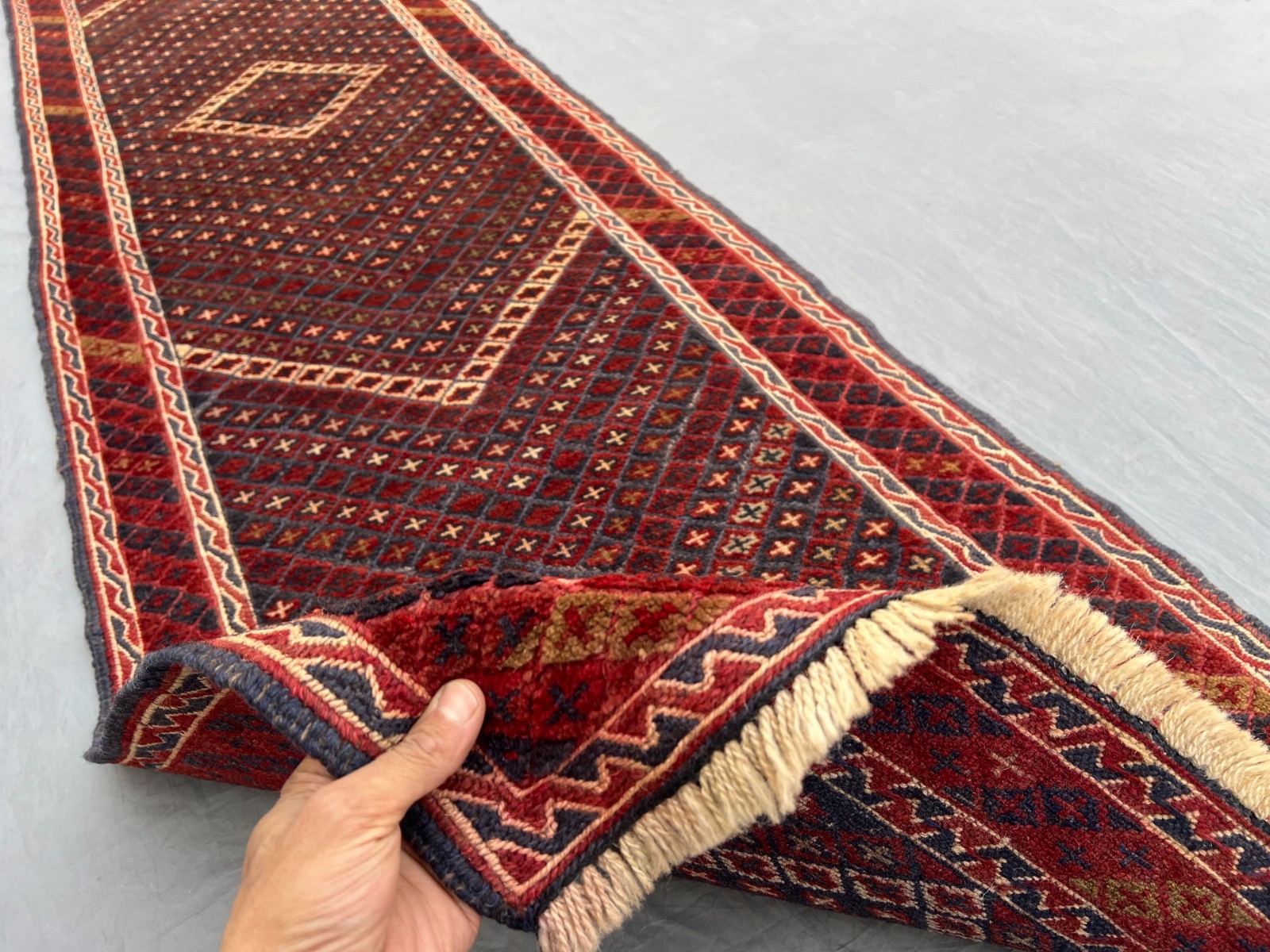 2’1 x 9’2 Ft Classic Afghan Mishwani Runner Rug – Deep Red Geometric Pattern Rug