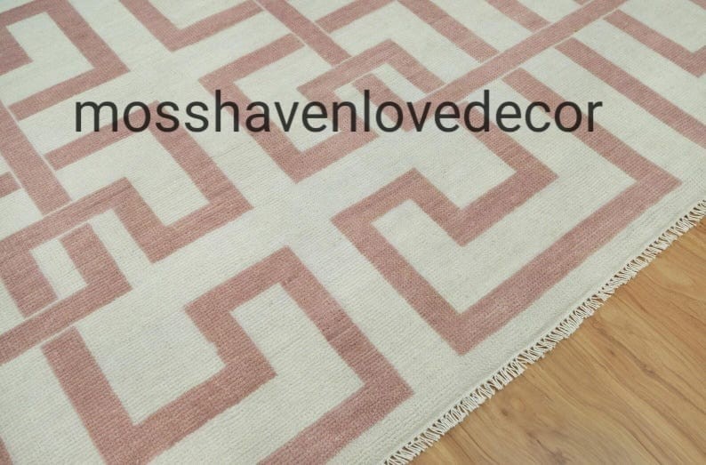 Hand Knotted Blush Pink Ivory Geometric Rug | Modern Wool Area Rug | Custom Size