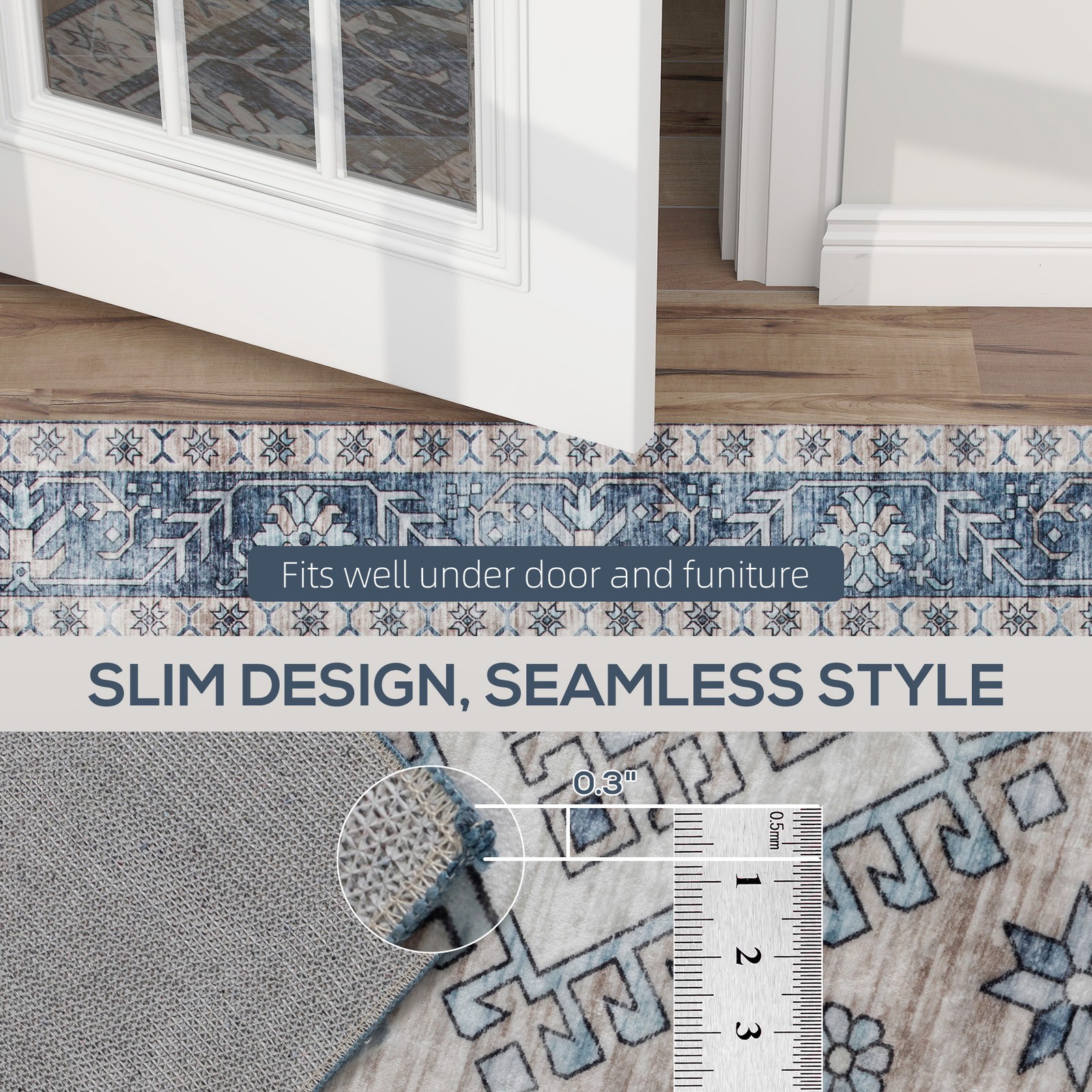 4×6 Area Rug, Vintage Machine Washable Rug for Living Room, Blue