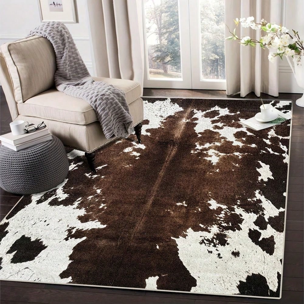 Cow Print Pattern Rug Washable Vintage Thin Foldable Non-Slip Carpet