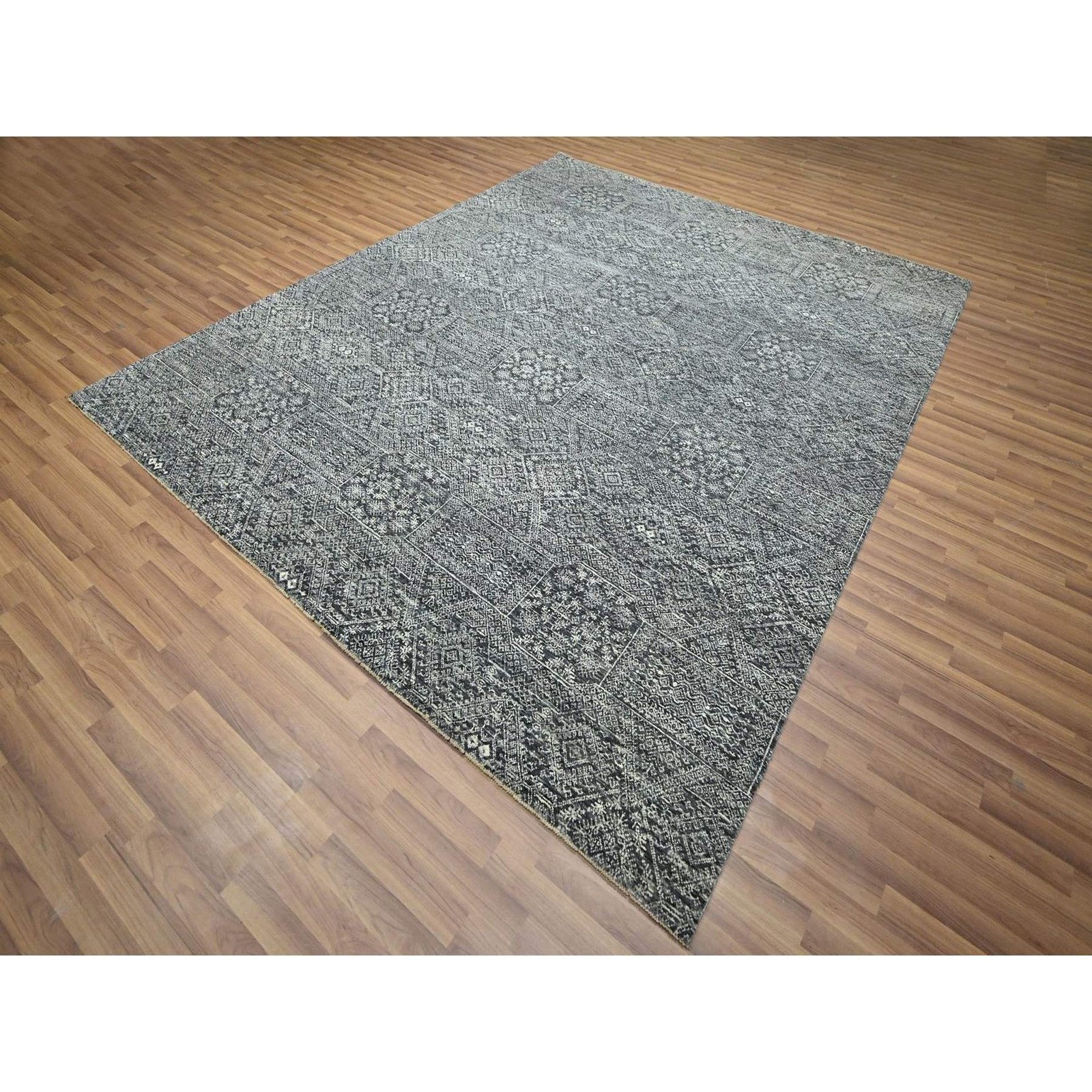 8’1″x10’1″ Gray Intricate Geometric Design Wool and Silk Hand Knotted Rug R76566