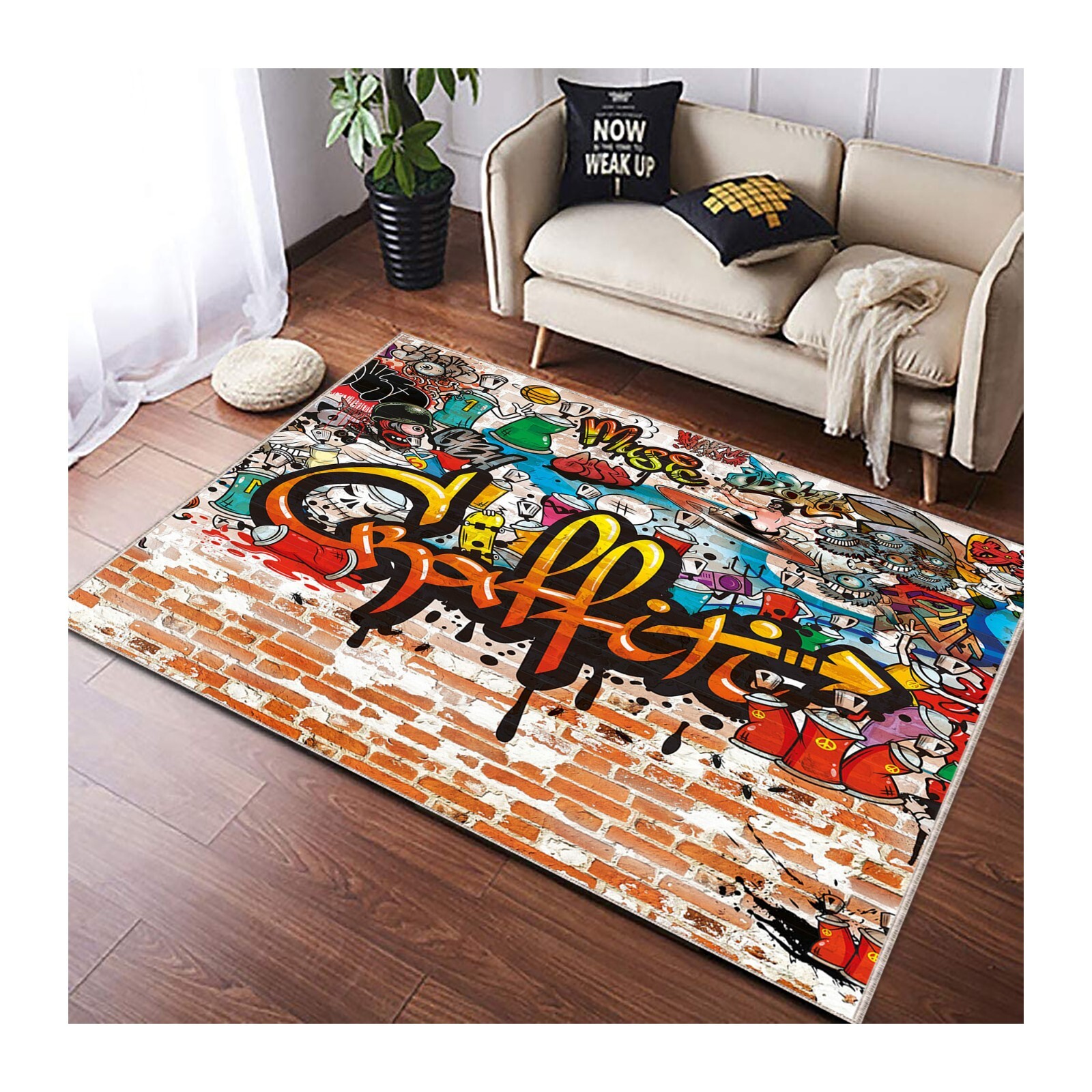 Urban Graffiti Street Art Tapestry, Colorful Brick Wall Mural Print Decor Carpet