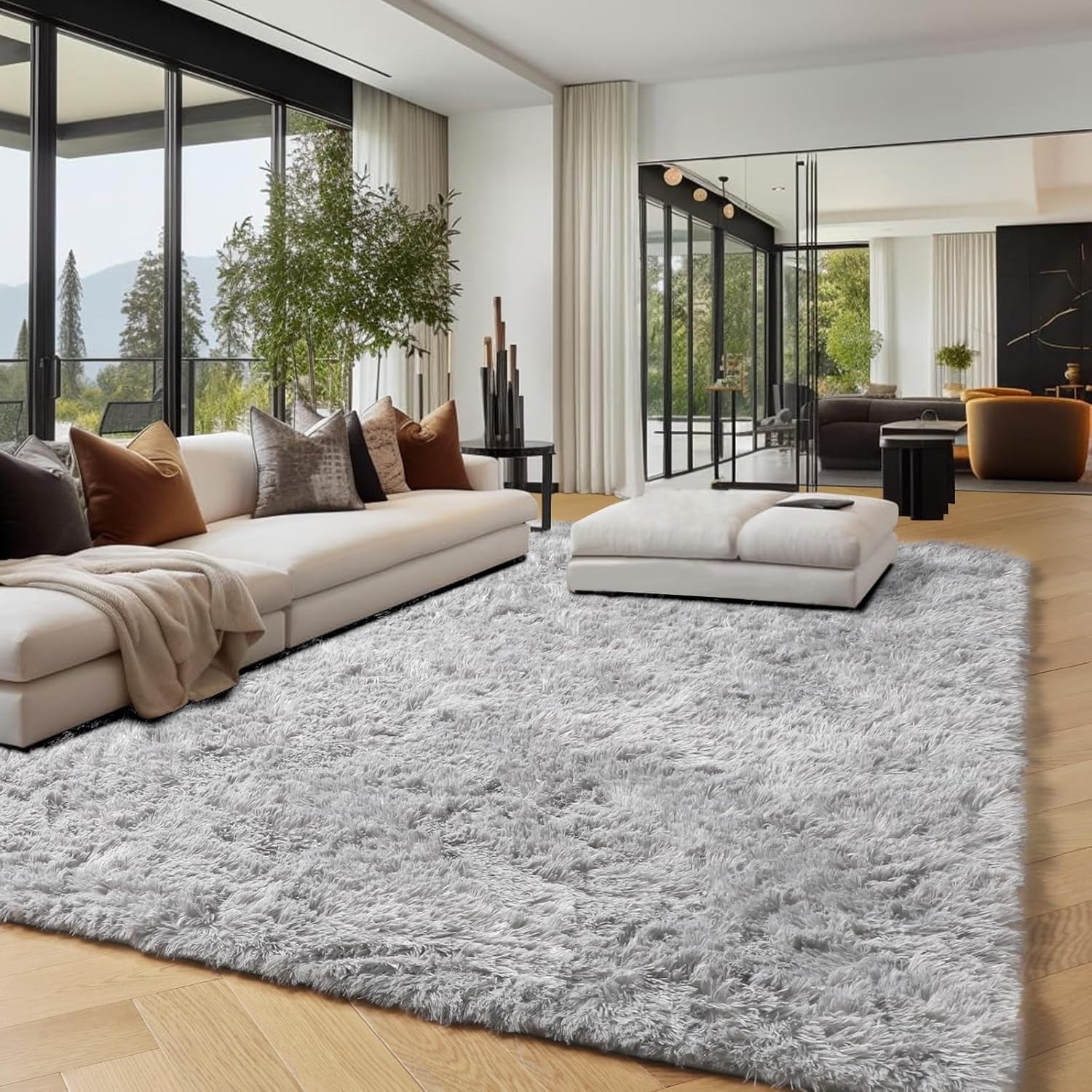 Super Soft Shaggy Area Rug 5×7 Feet Light Grey Plush Microfiber for Living Room