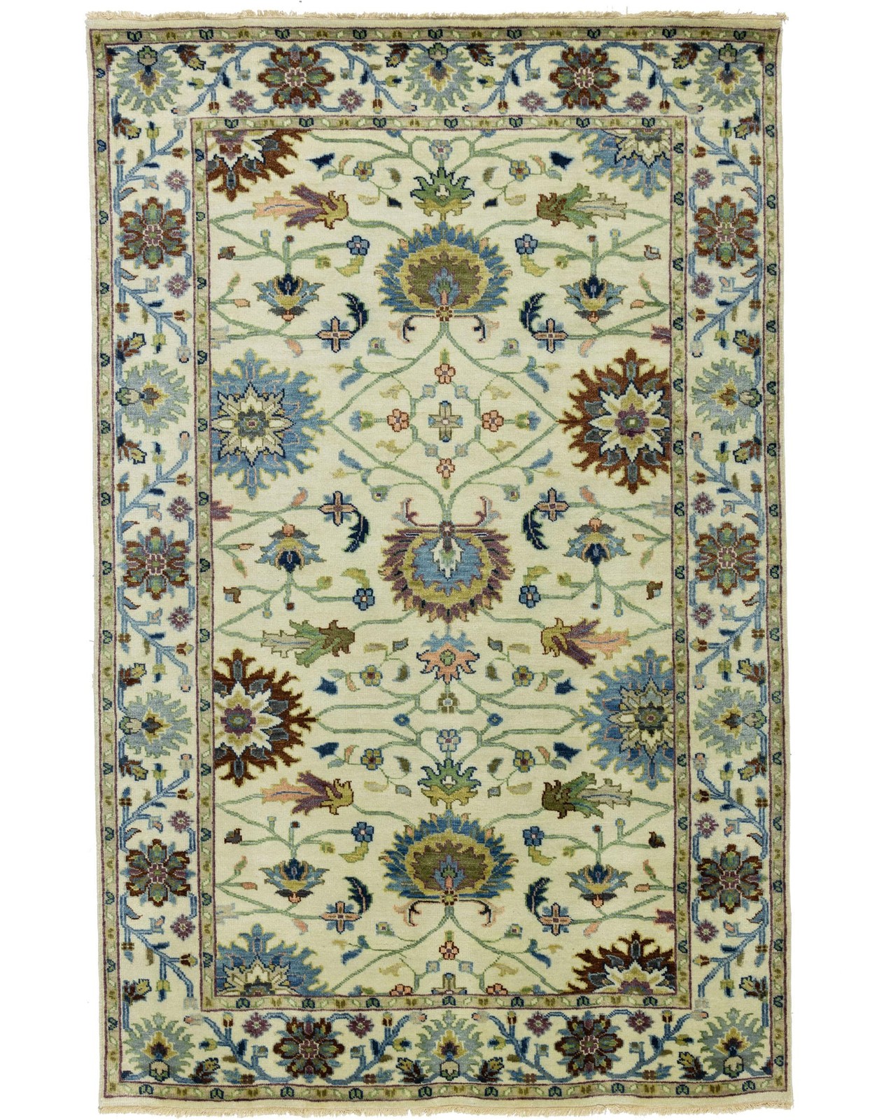 5×8 Ivory Floral Oushak Chobi Rug Hand-Knotted Wool Oriental Carpet