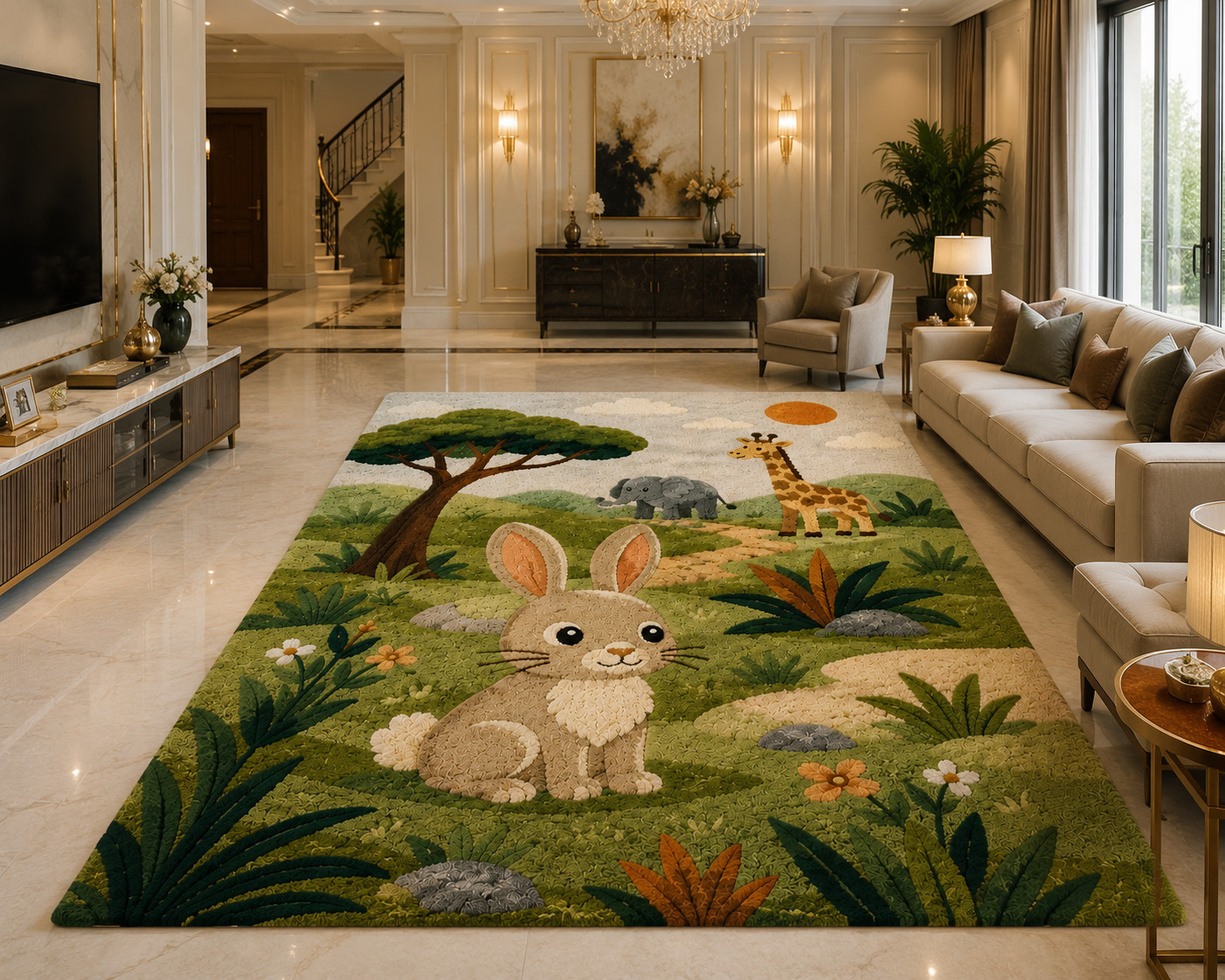Woodland Bunny Rug, Hand Tufted Wool Rug, Rabbit Nursery Rug, Safari Animal Rugs