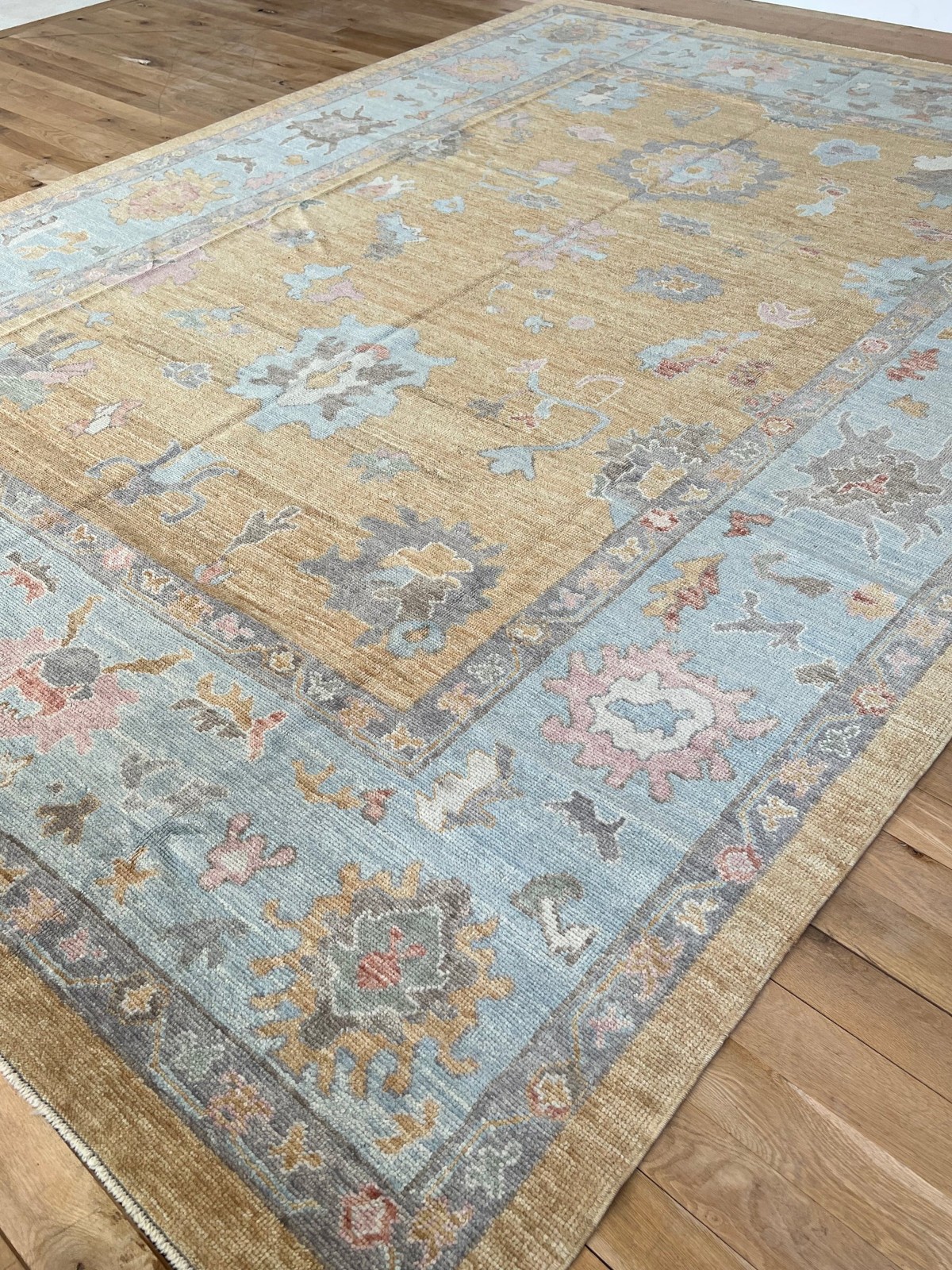 Gold Blue Hand Knotted Oushak Wool Area Rug, Vintage Distressed Floral Design