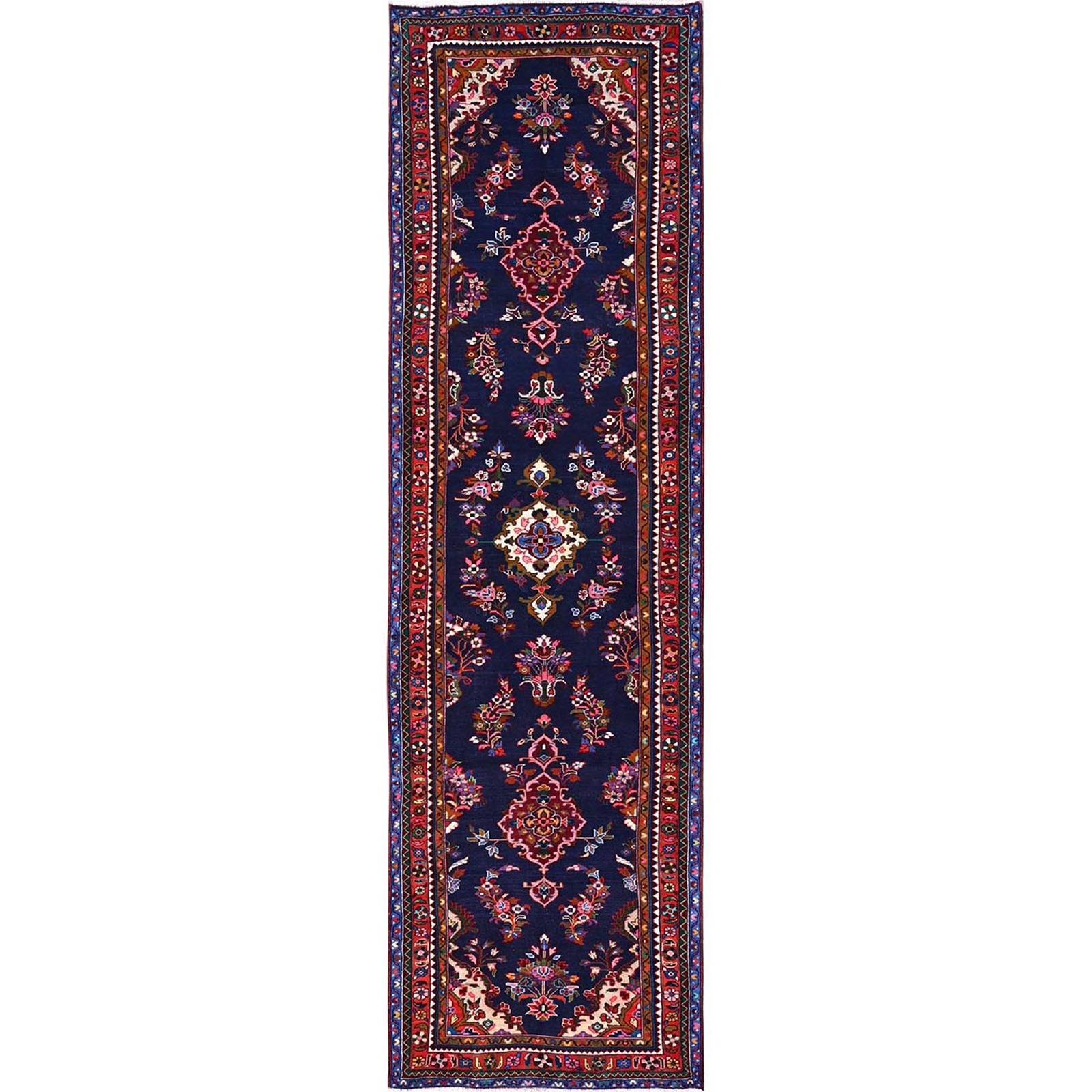 3’10″x14′ Navy Blue New Zoroastrian Khamadan Pure Wool Hand Knotted Runner Rug