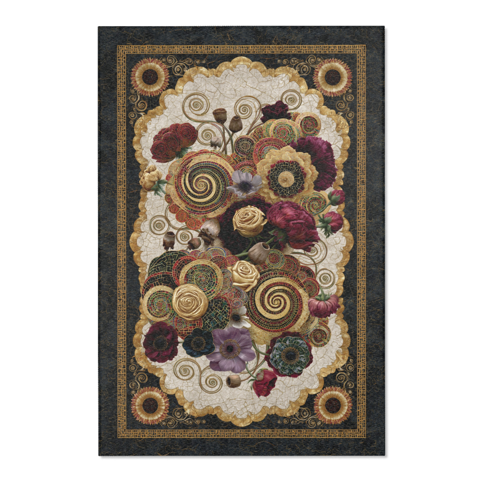 Mosaic Floral Area Rug, Dark Botanical Rose Circle Floor Rug, Klimt Style
