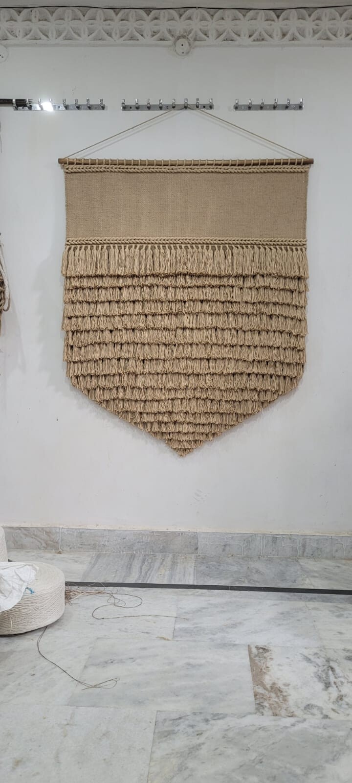 Wall hanging carpet,material,jute and visscose silk and wood rod for living room
