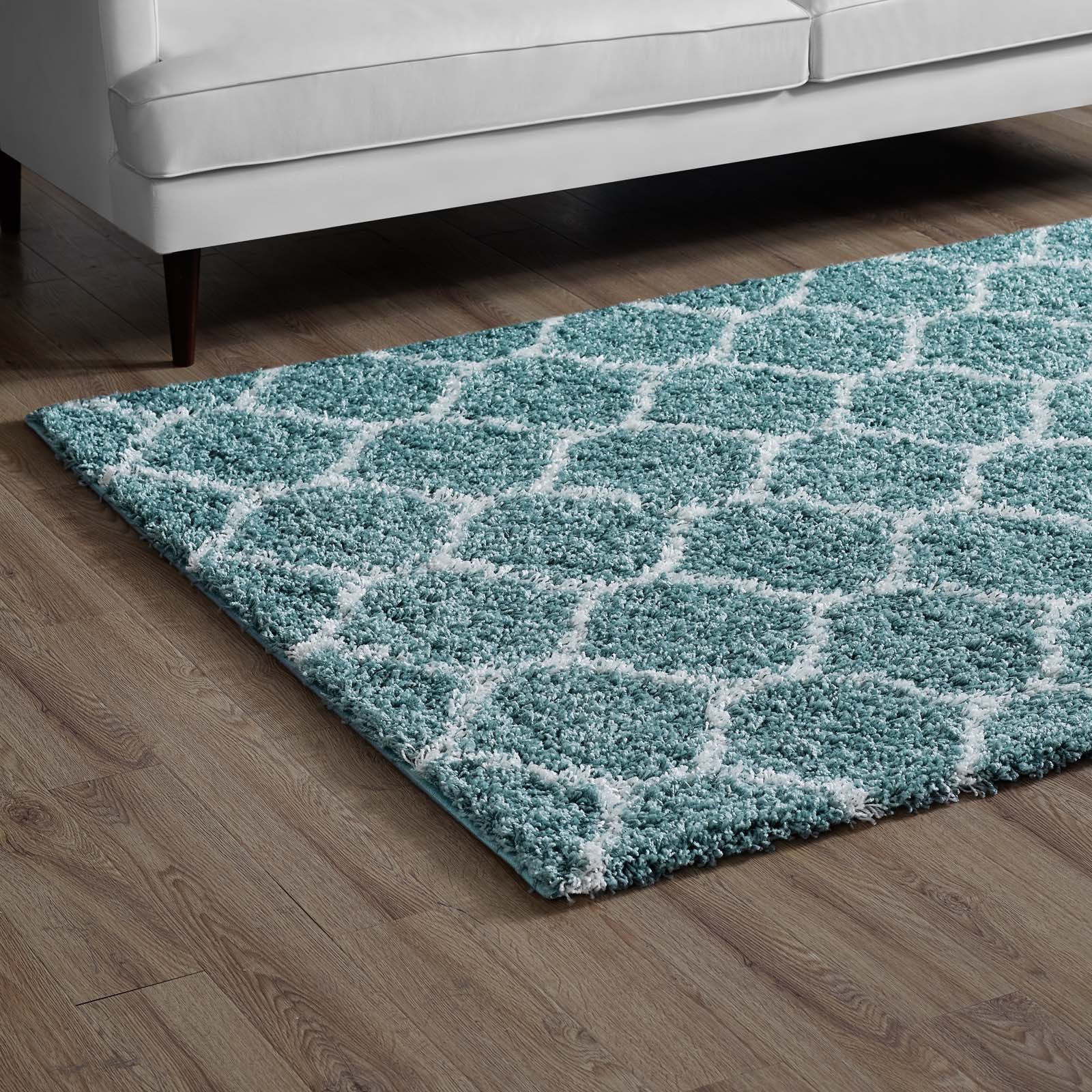 Modway Solvea Moroccan Trellis 5×8 Shag Area Rug in Aqua Blue and Ivory