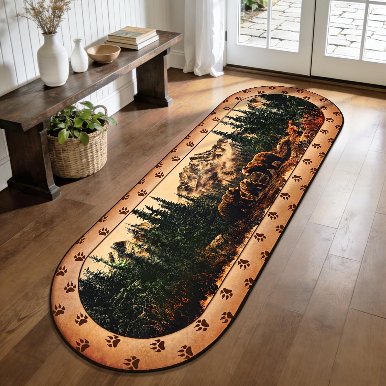 Rustic 2×6 Runner Rug Non Slip – Cabin Bear Oval Rug Runners for Hallways, So…