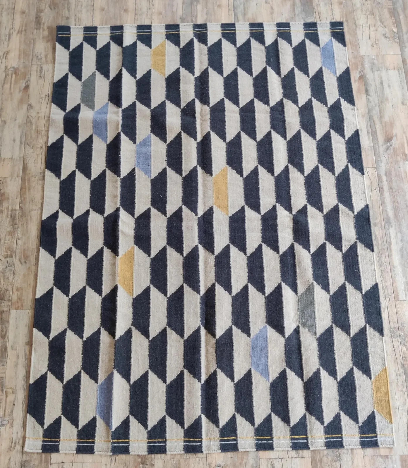 Handwoven Wool Rug Color Black Cream Blue Mustard Cubes Design Carpet Rug