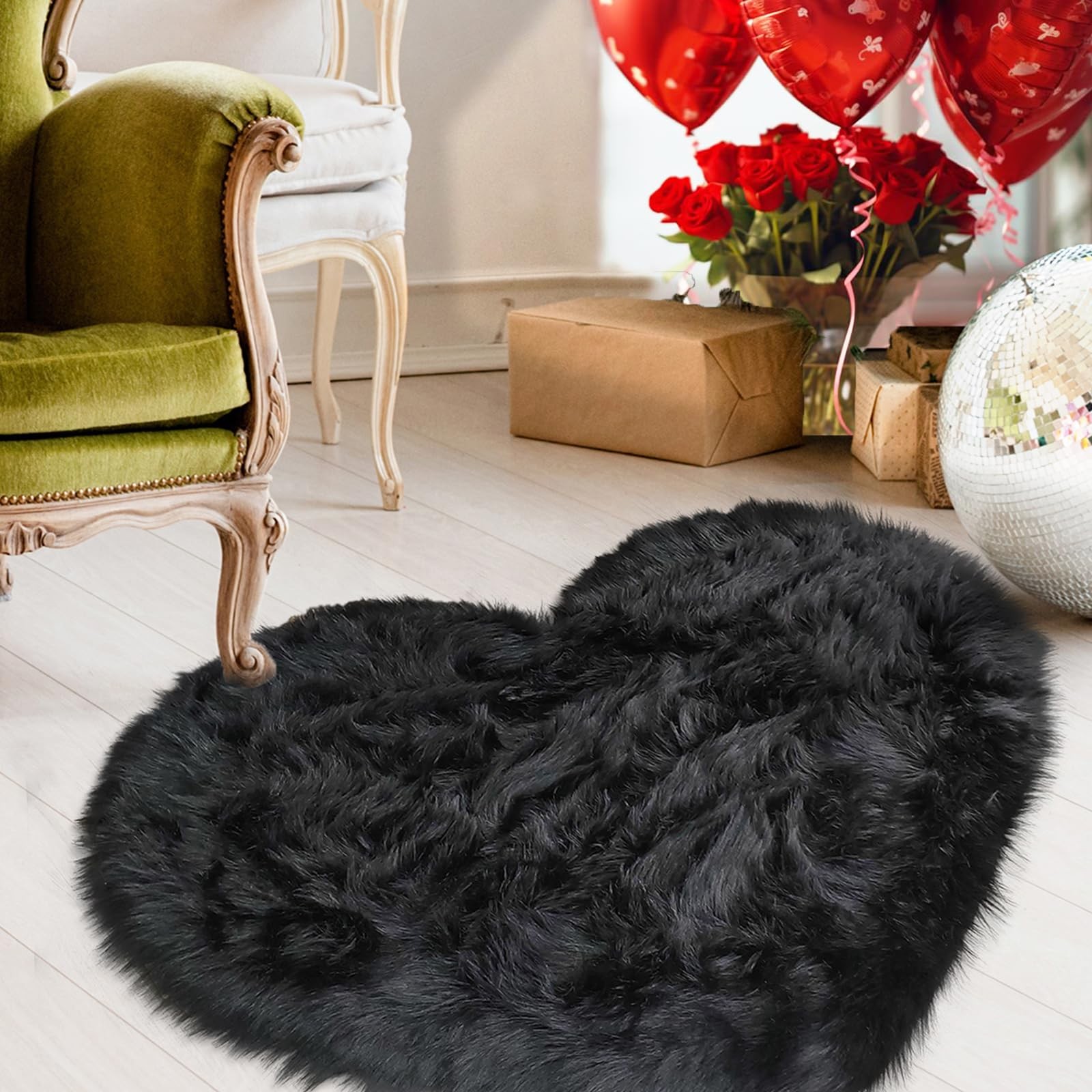 Black Heart Shaped Rug Fluffy Faux Fur Shag Mat Coquette Decor 2×3 Ft
