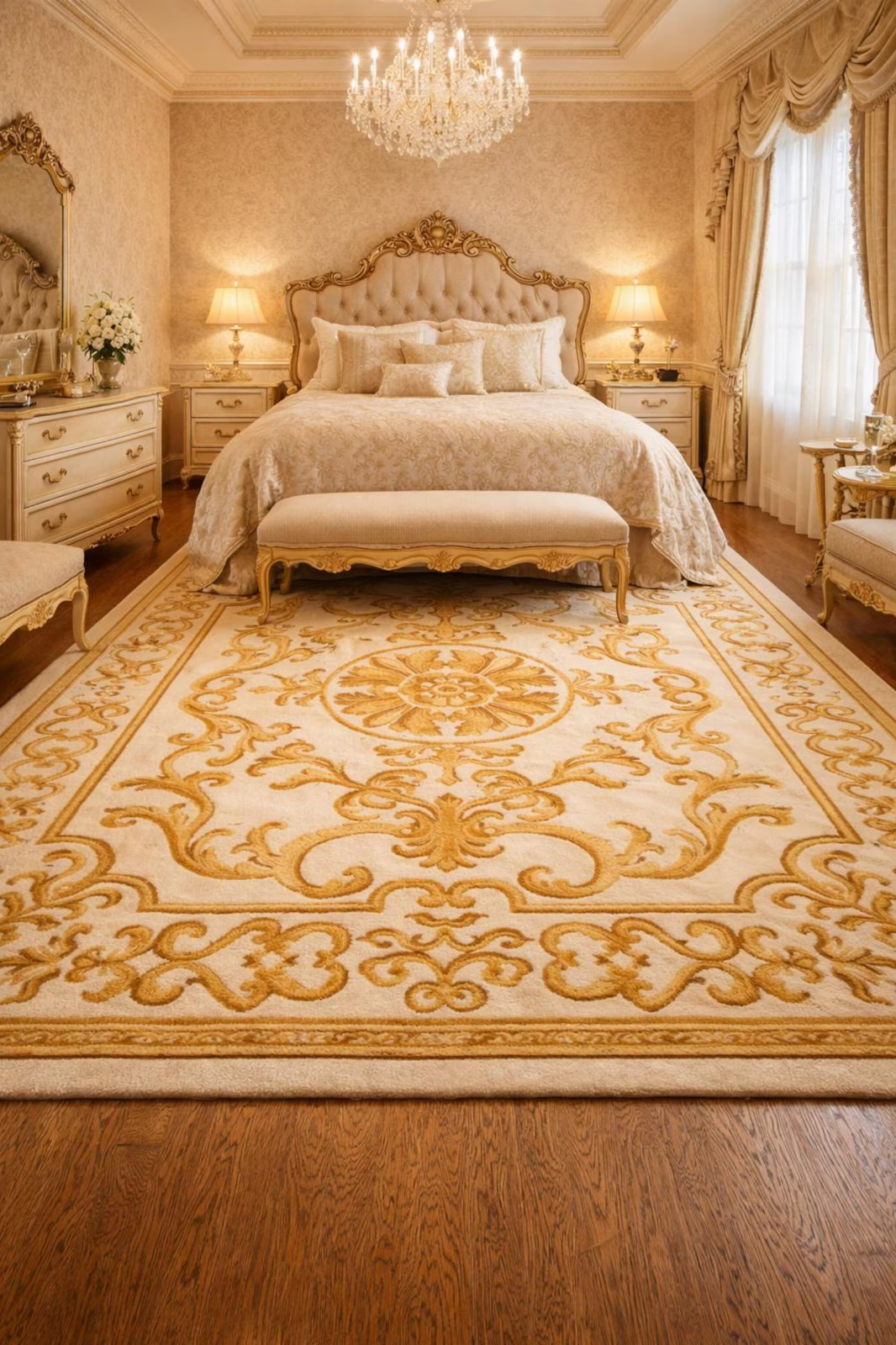 Luxury Traditional Hand Tufted Wool Rug, Elegant Gold Floral Designer Area Rugs