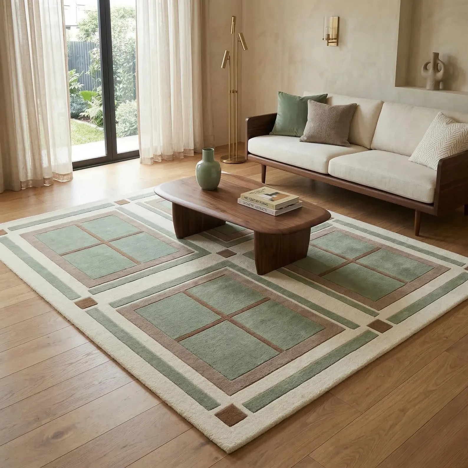 Hand Tufted Wool Rug: Sage Green Geometric Panel Modern Living Room Area Rug
