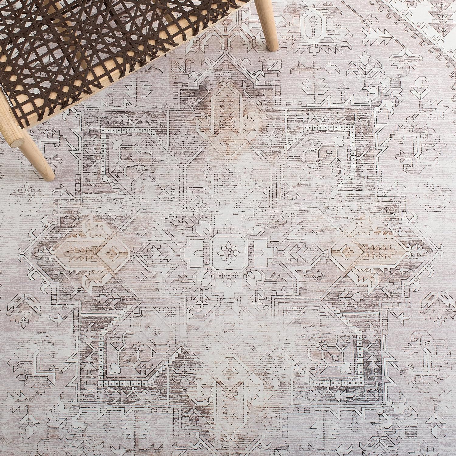 Tucson Washable 6′ Square Rug – Beige & Grey, Slip Resistant, Easy Clean