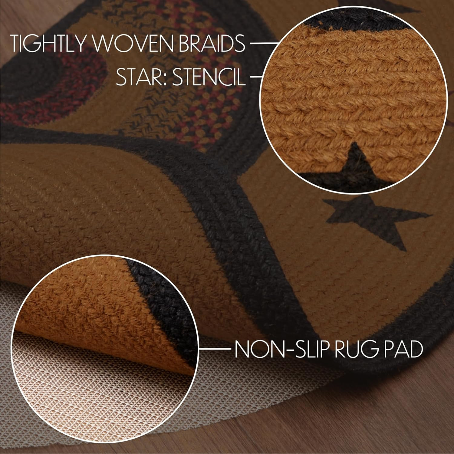 Heritage Farms Primitive Star Jute Yellow Accent Rug Half Circle W/ Pad 16.5″X33