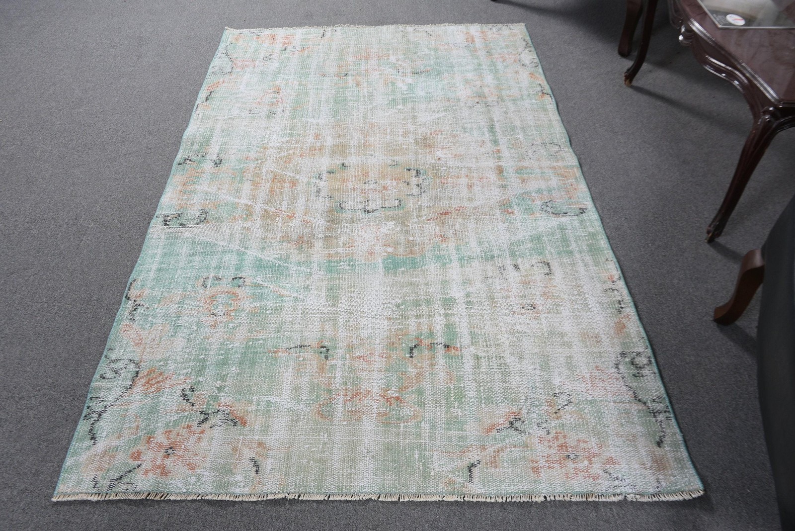 Turkish Vintage Rug, 4,3×6,5 ft Area Rug, Green White Abstract Wool Rug