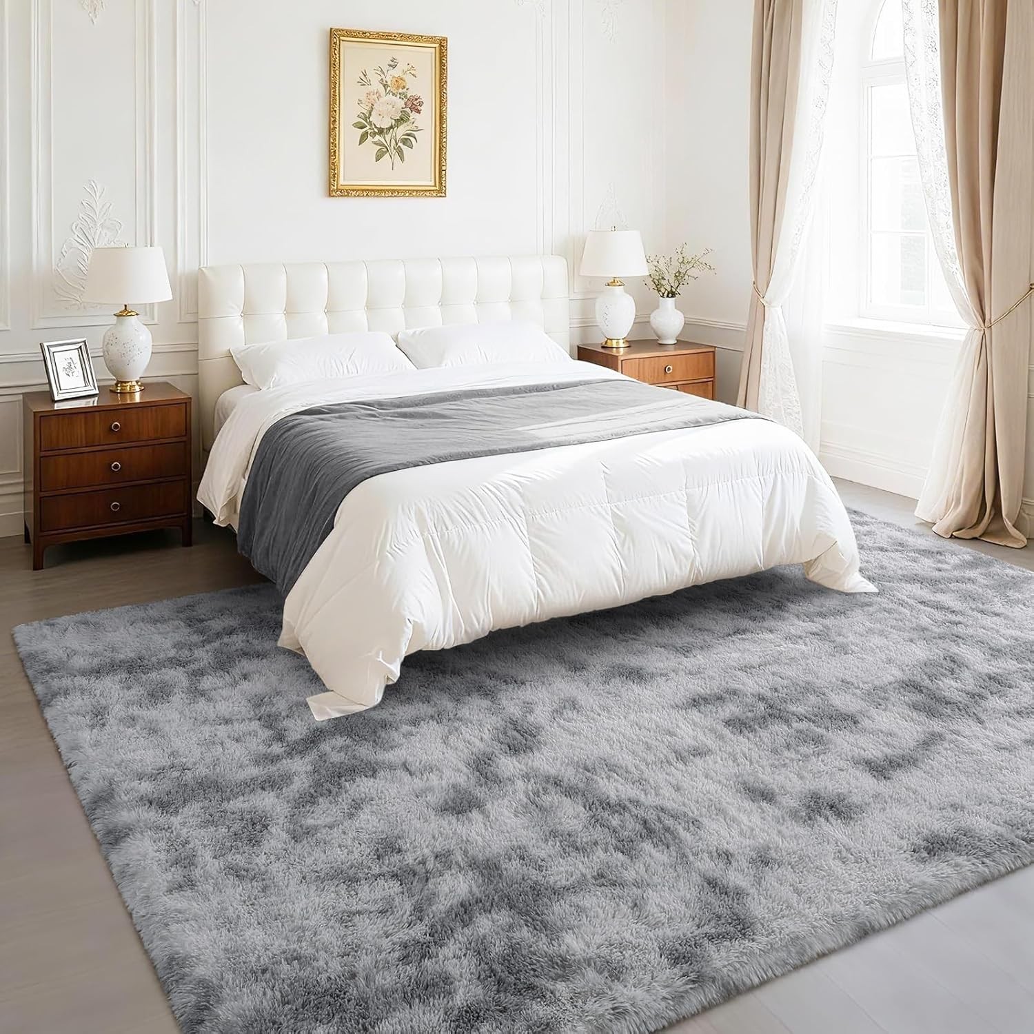 Fluffy Rugs for Living Room 5×8 Tie-dye Grey, Washable Large Area Rugs for Be…