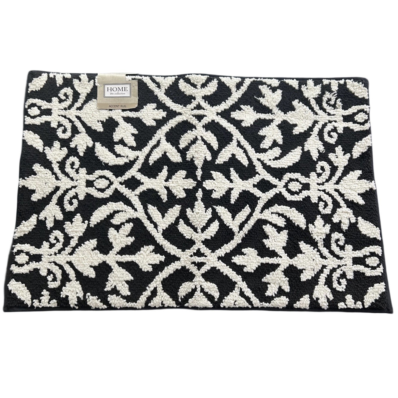 Home Accent Rug Rectangle 18″ x 27″ Black & Ivory Damask Scroll Print Modern New