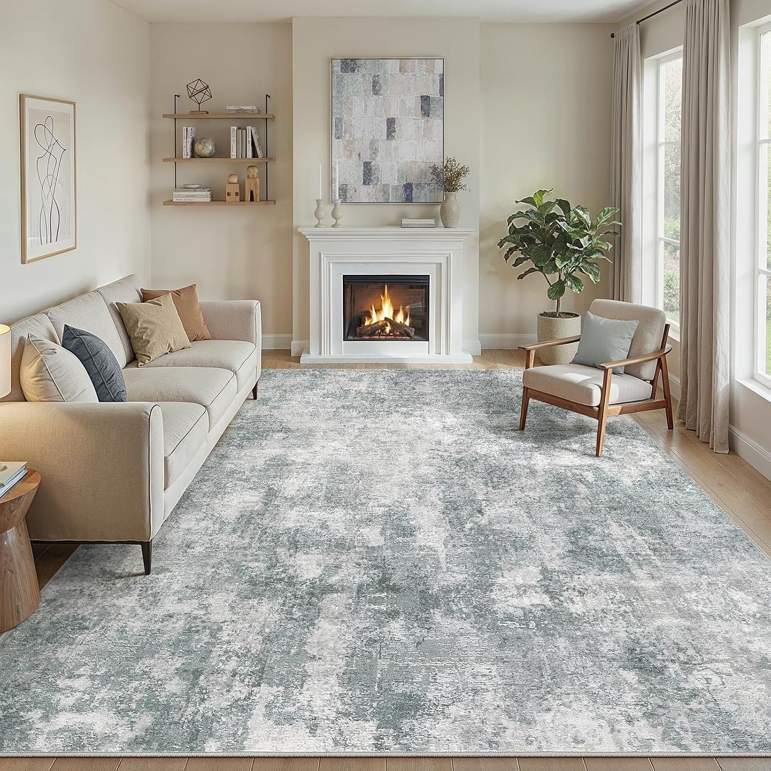 9X12 Area Rug Washable Abstract Rugs for Living Room Grey | for Bedroom, Dining