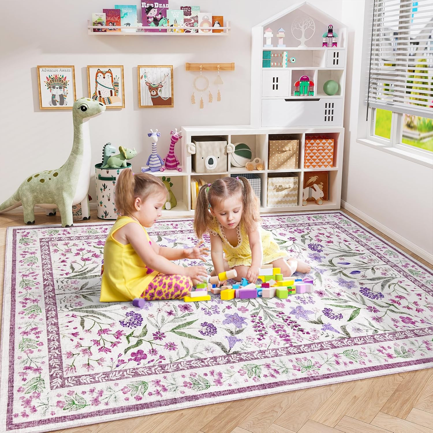 Floral 6X9 Feet Area Rug – Purple Vintage Carpet for Living Room & Kids Room
