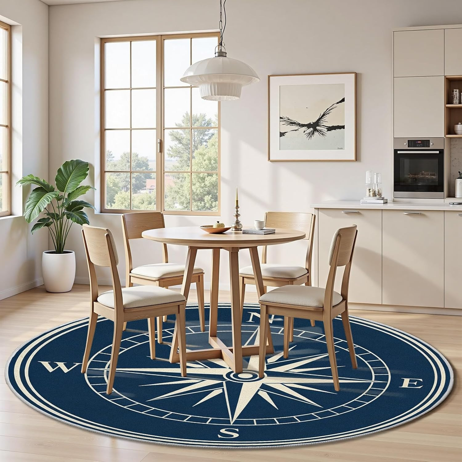 Nautical Compass Round Rug 4Ft – Washable Non-Slip Carpet for Any Room