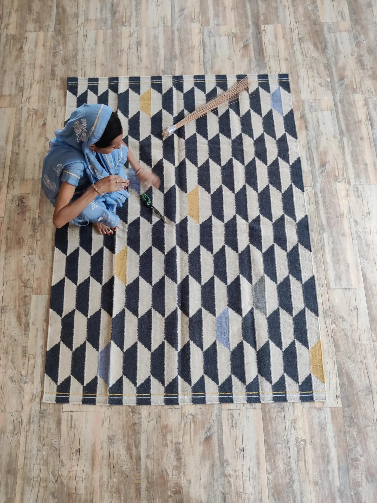 Handwoven Wool Rug Color Black Cream Blue Mustard Cubes Design Carpet Rug
