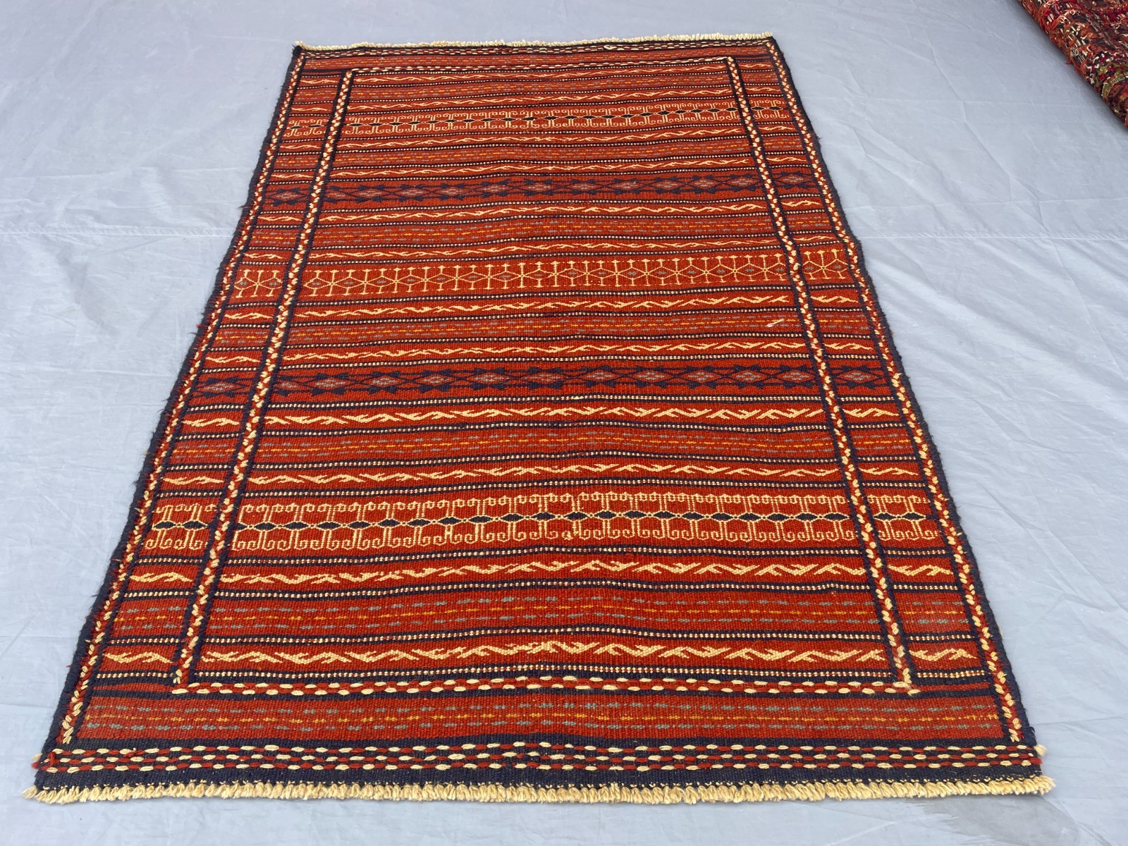 3’5 x 5’3 Ft “Tribal Kilim Rug – Vintage Afghan Red and Blue Geometric Wool Noma