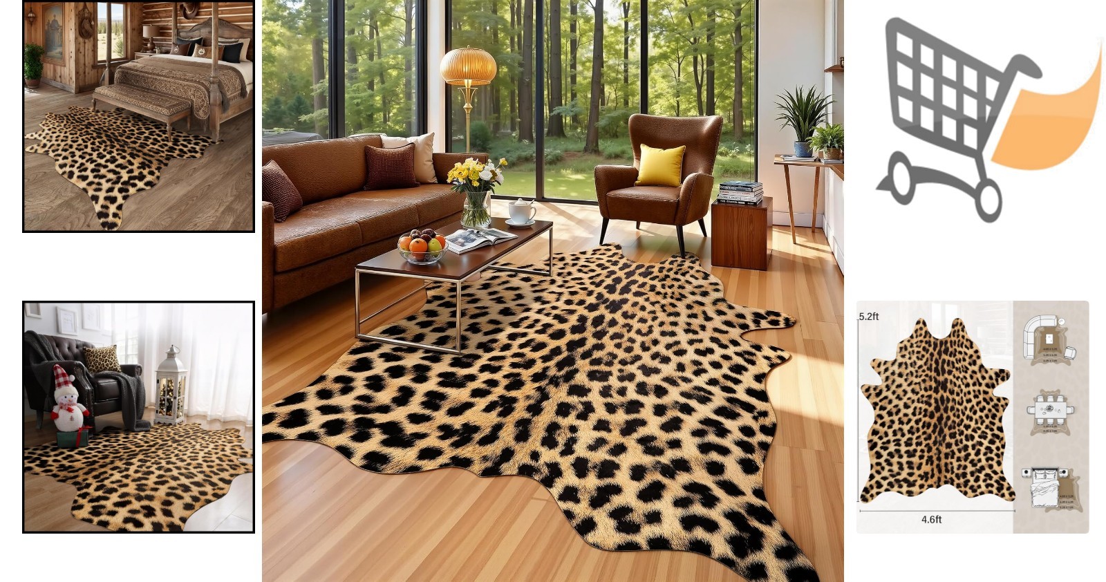 Leopard Print Rug Faux Fur 4.6×5.2 Feet Non-Slip Animal Pattern Home Decor