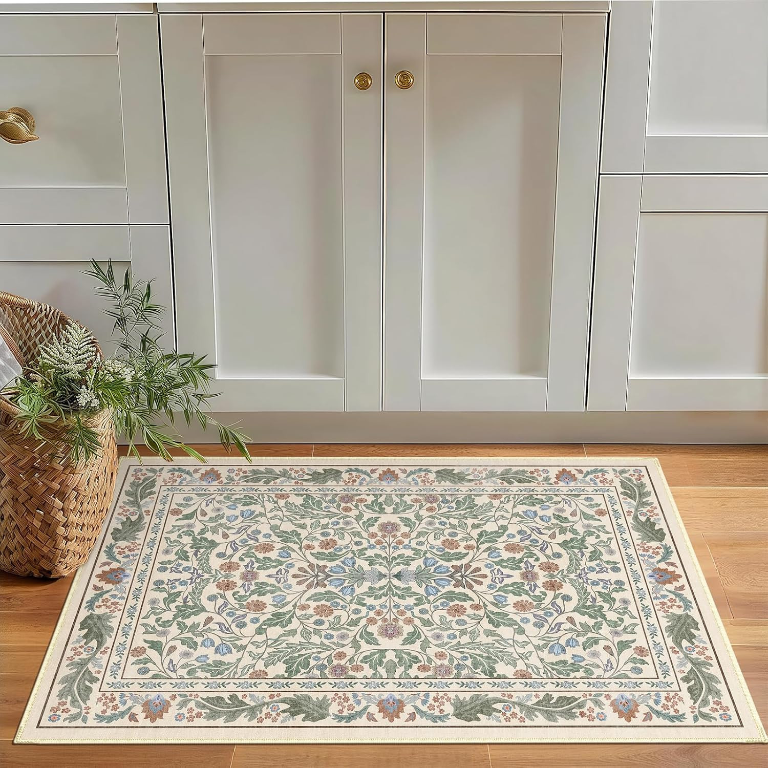 2×3 Washable Area Rug Floral Beige Entryway Small Rug Vintage Forest Low Pile No