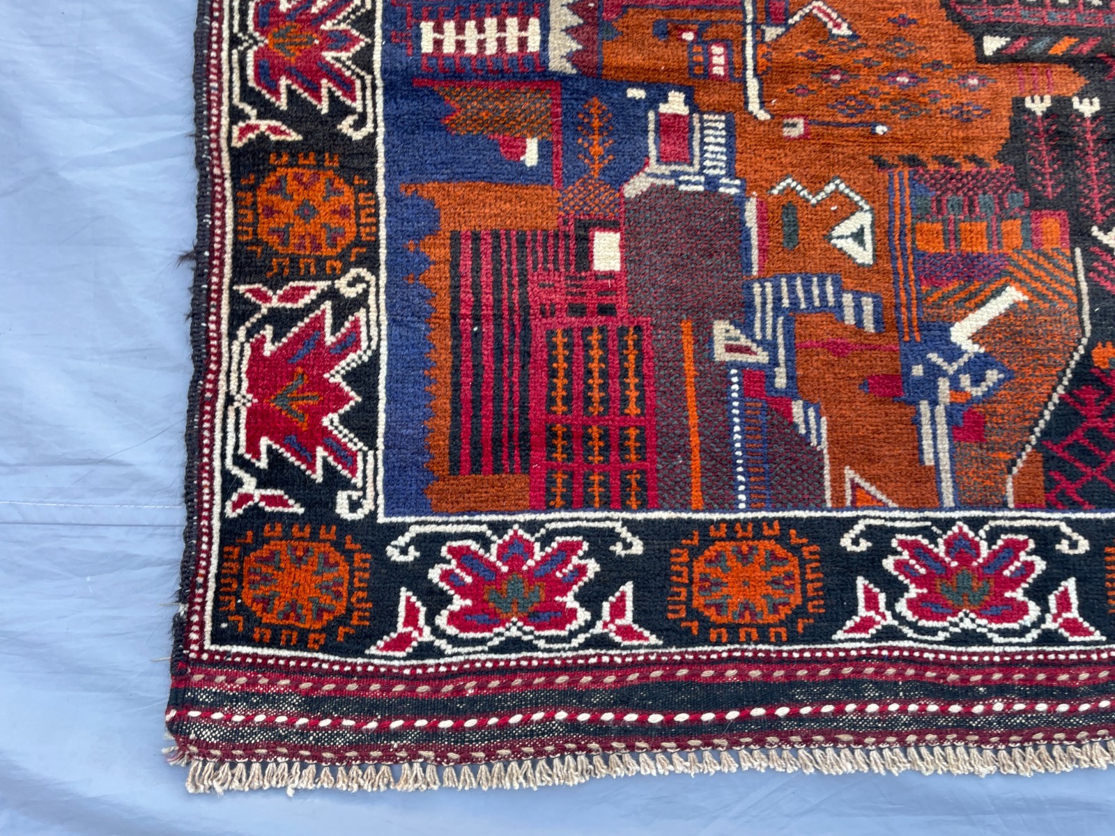3×6 Afghan Pictorial War Rug Handmade Baluchi Wool City Scene Carpet With Road