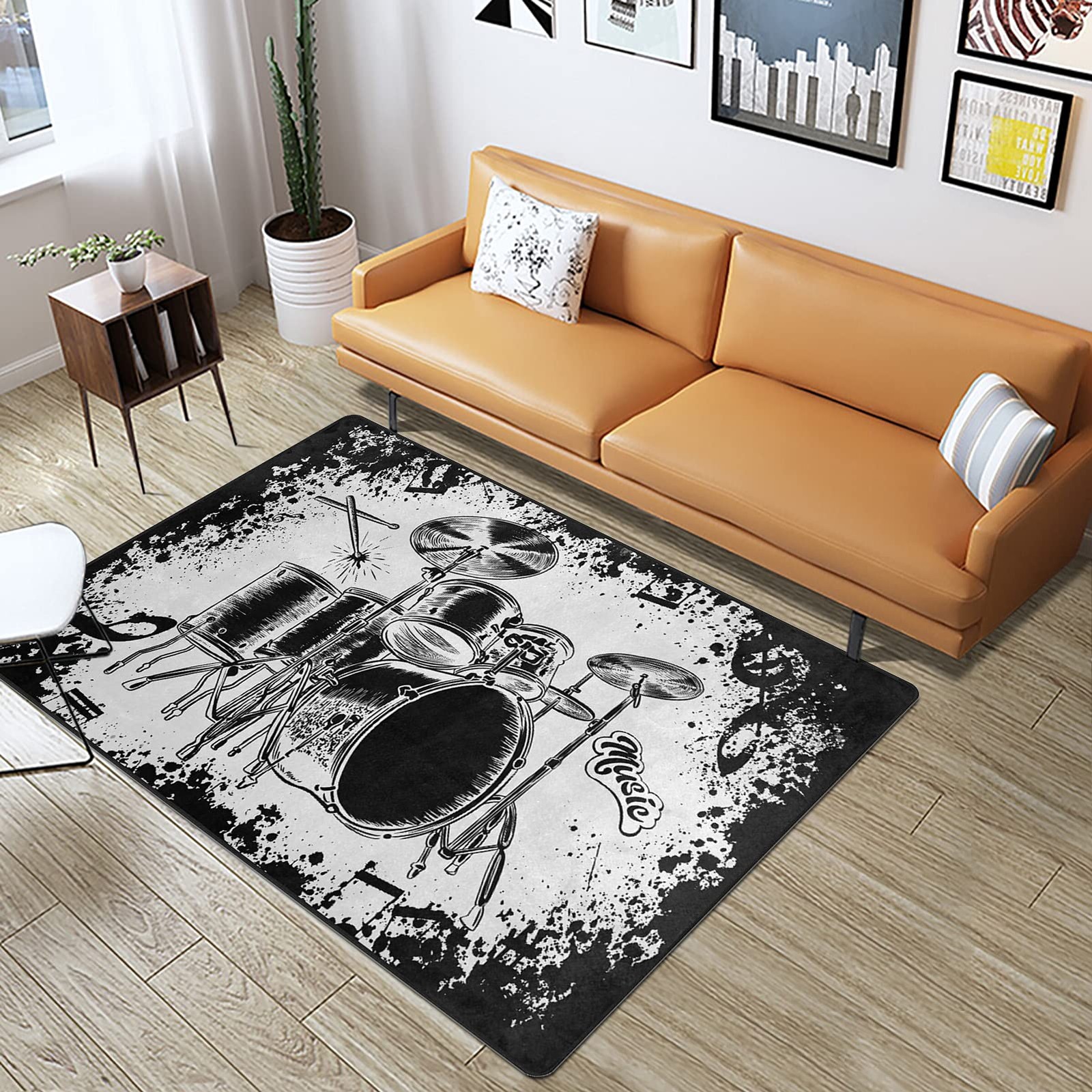 Engree Music Area Rug Drum Set Vintage Black Music Rugs Throw Rugs Non-Slip