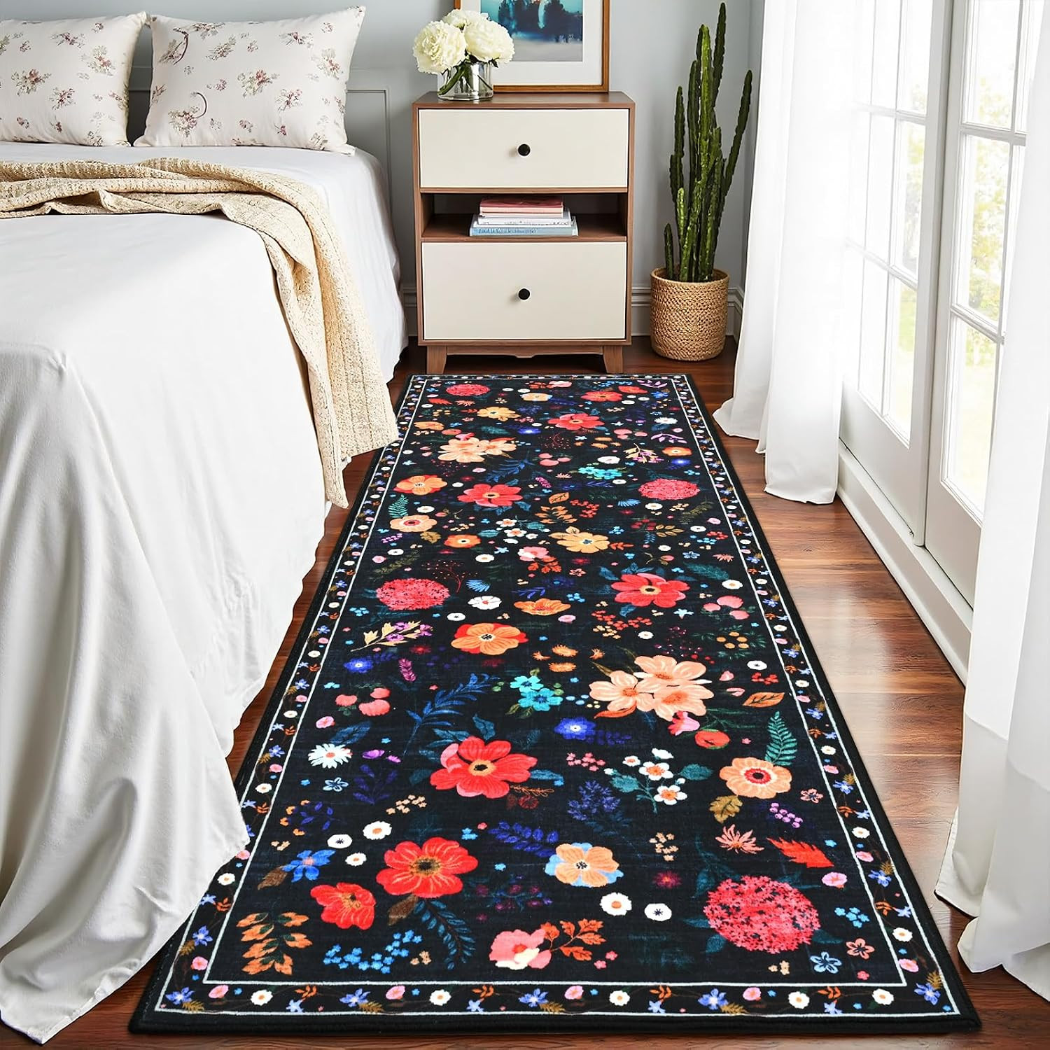 Floral Entryway Runner Rug 2×6, Washable Black Boho Rug for Hallways Non-Slip…