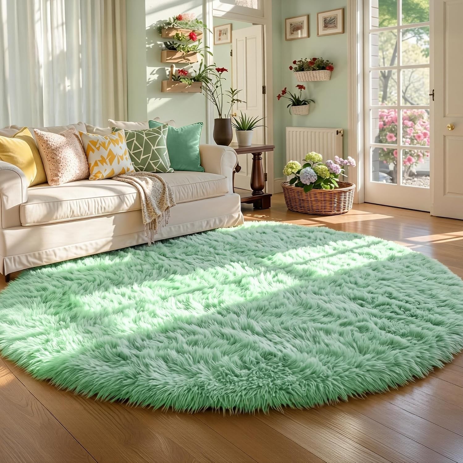 Comfortable Sage Green 4ft Round Rug for Bedrooms & Playrooms – Shag Style