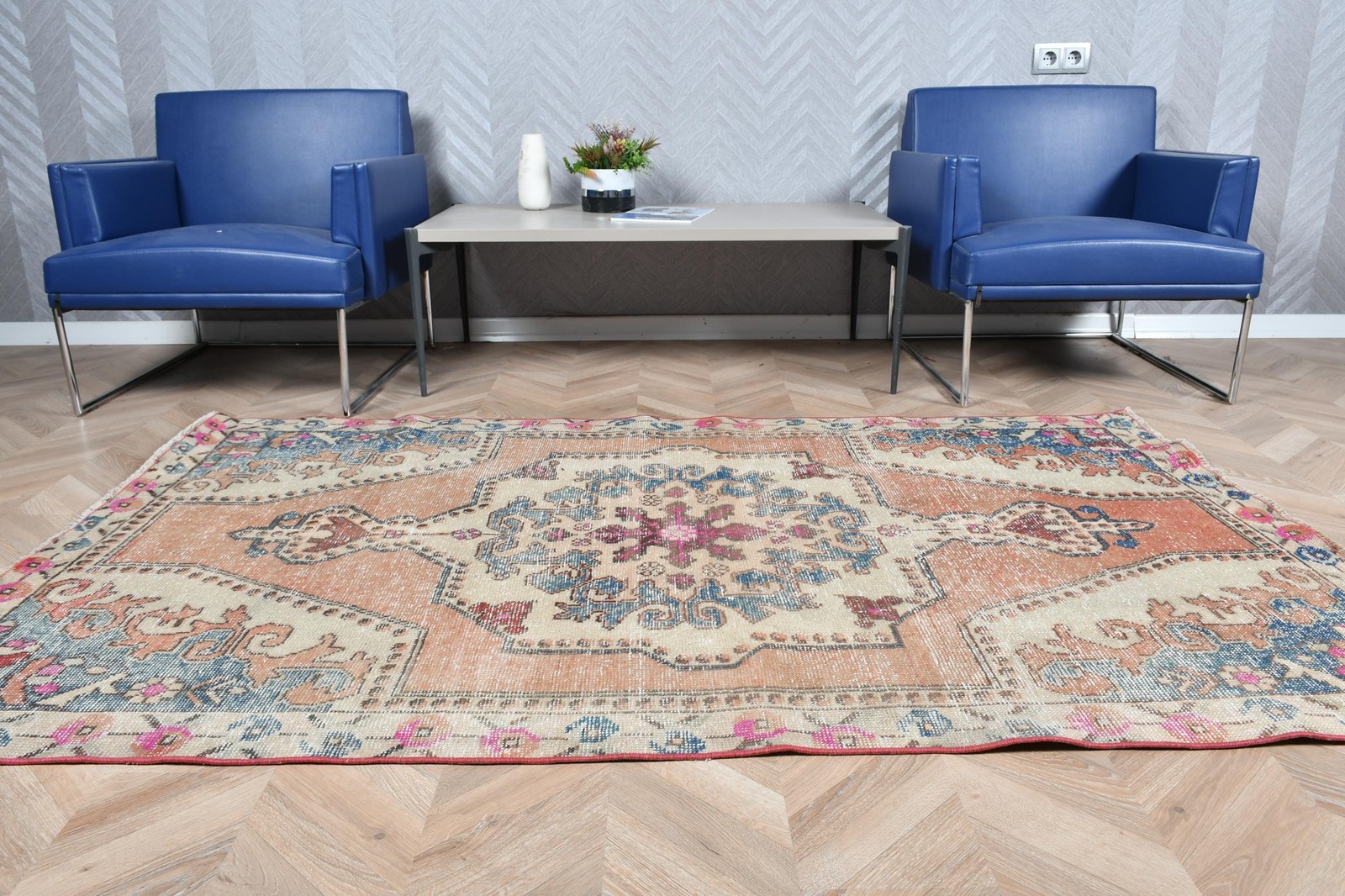 4,2×7 ft Turkish Rug, Vintage Area Rug, Blue Brown Handmade Wool Rug