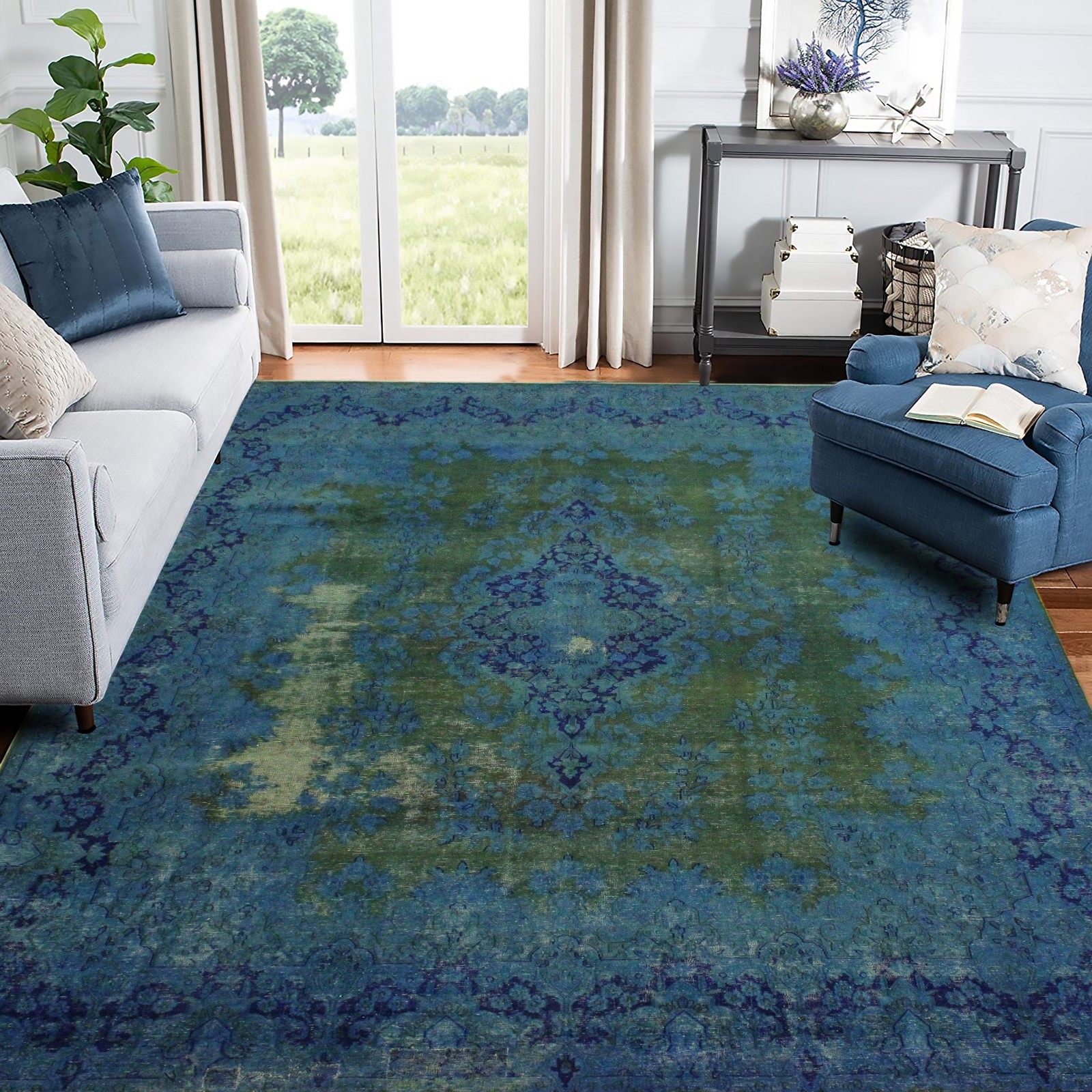 Vintage Overdyed Wool Area Rug – 9’10” x 13’4″ – Teal Blue, Emerald Green