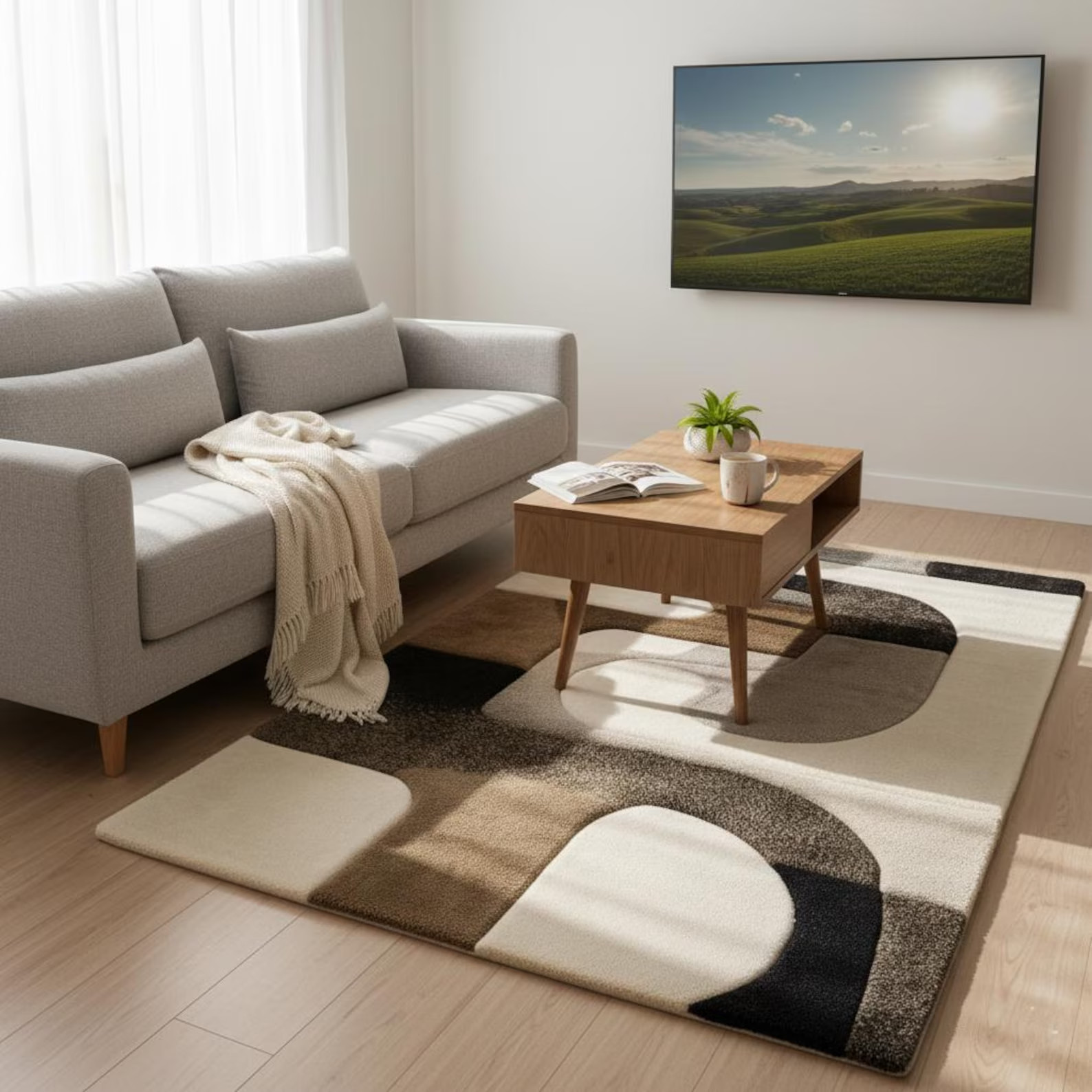Hand Tufted Wool Rug: Abstract Geometric Ivory & Black Area For Living Room Rugs